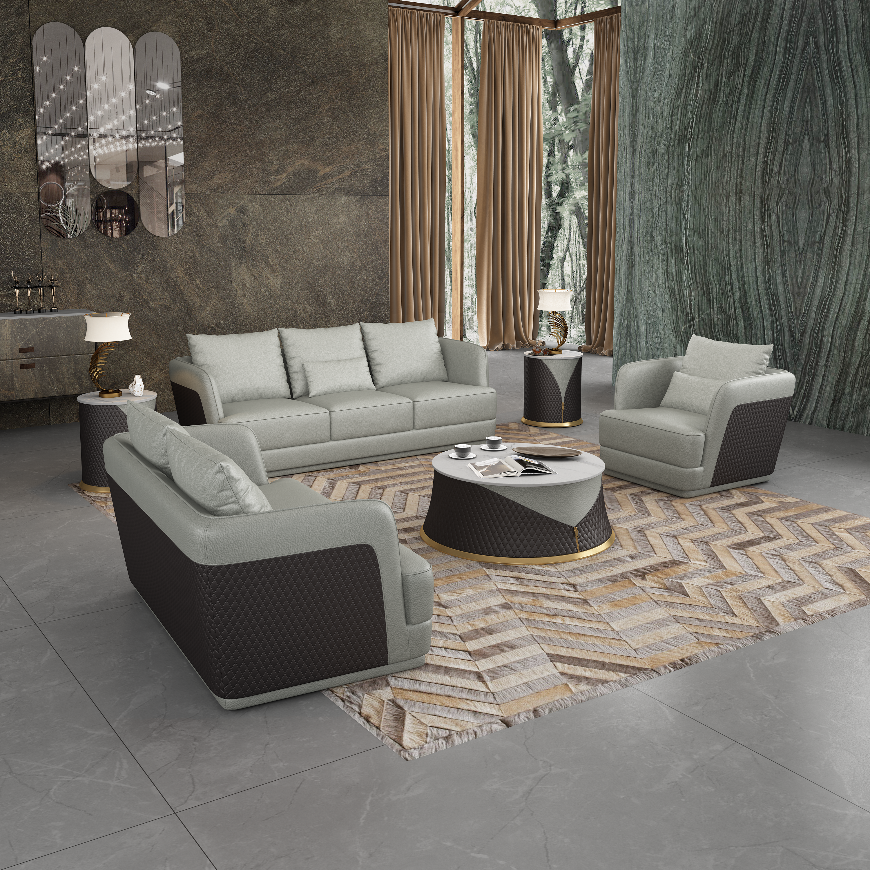 European Furniture - Glamour 3 Piece Sofa Set Grey Chocolate Italian Leather - EF-51618 - New Star Living