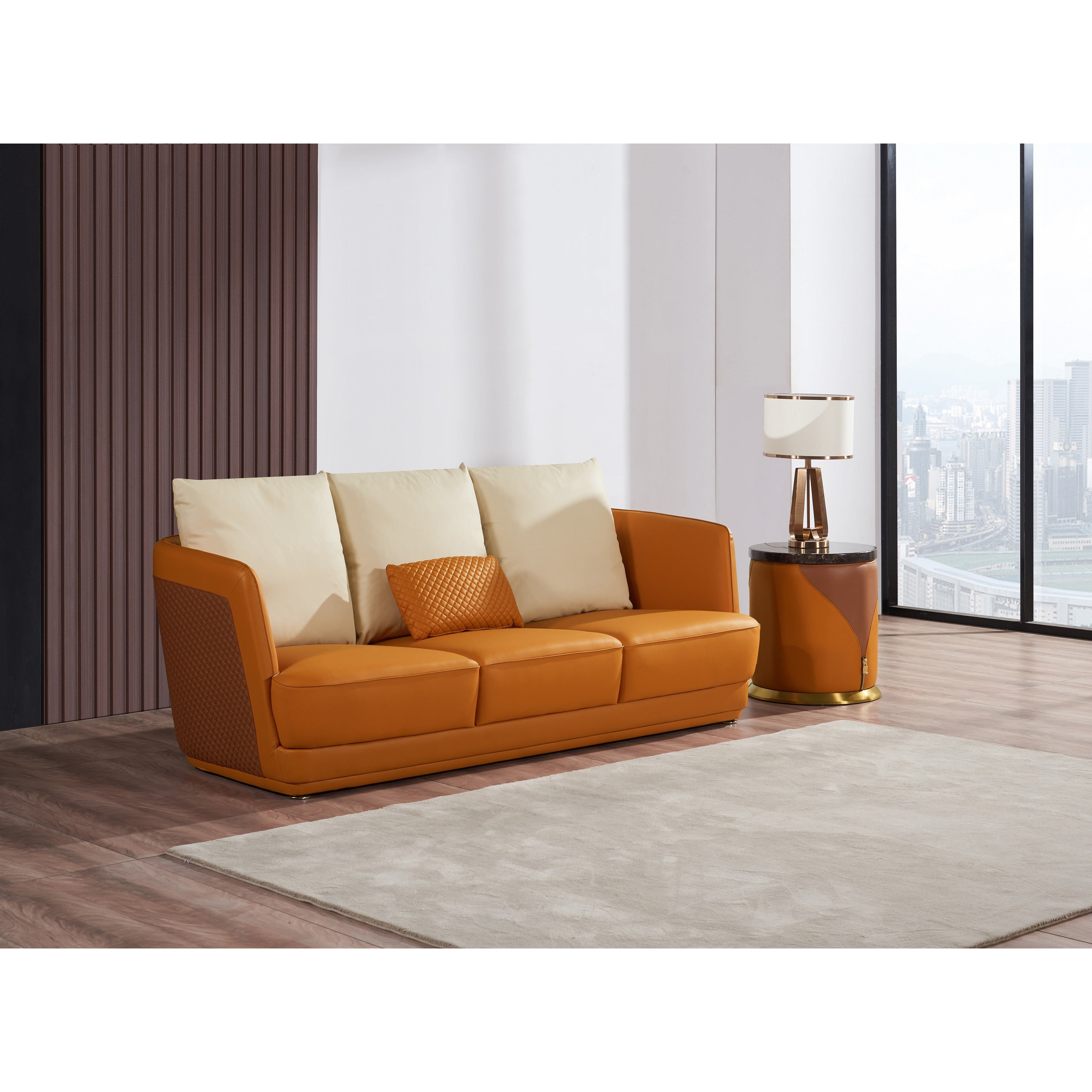 European Furniture - Glamour 3 Piece Sofa Set Orange & Brown Italian Leather - EF-51619 - New Star Living