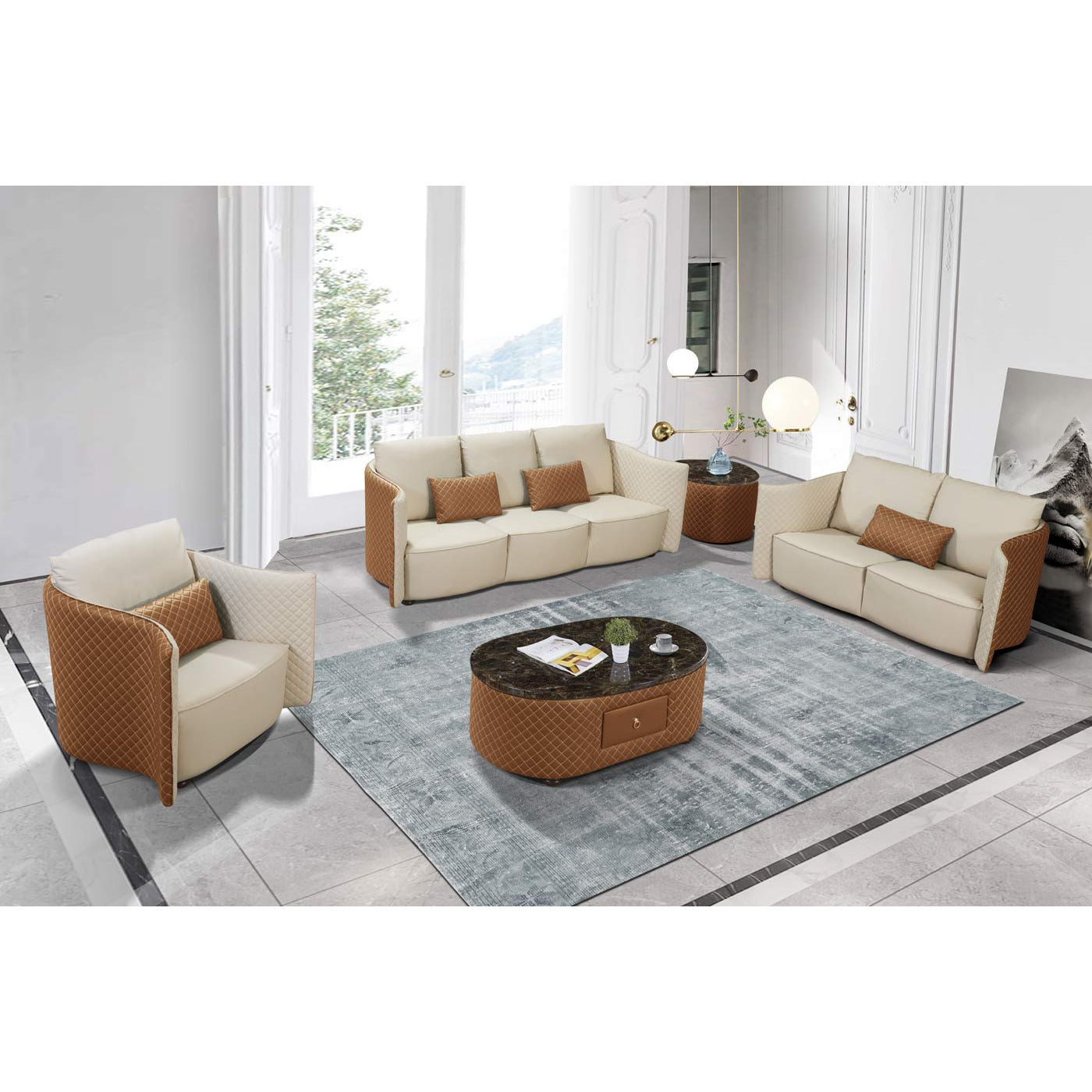 European Furniture - Makassar Oversize Sofa Beige & Orange Italian Leather - EF-52552-4S - New Star Living