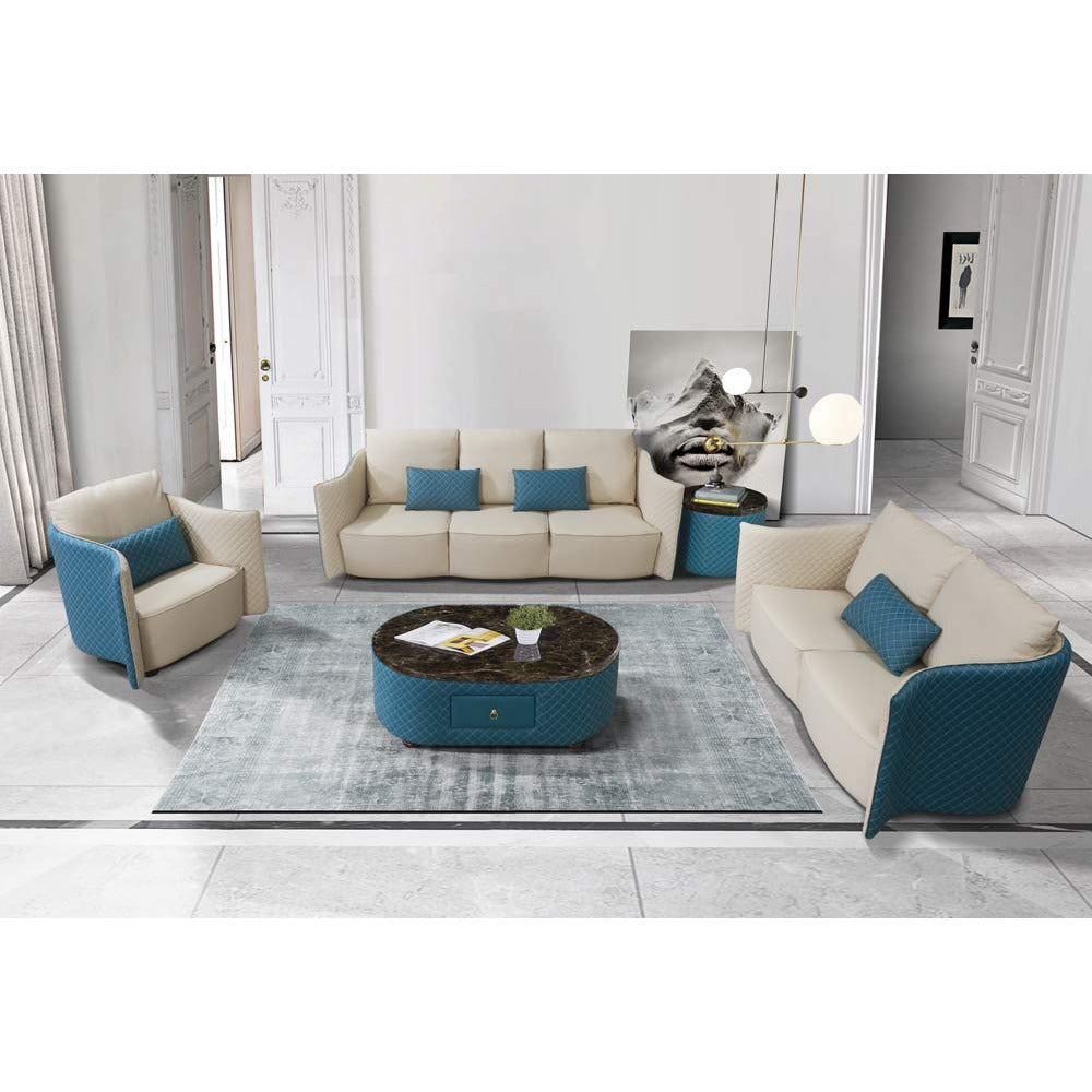 European Furniture - Makassar Loveseat Beige & Blue Italian Leather - EF-52554-L - New Star Living