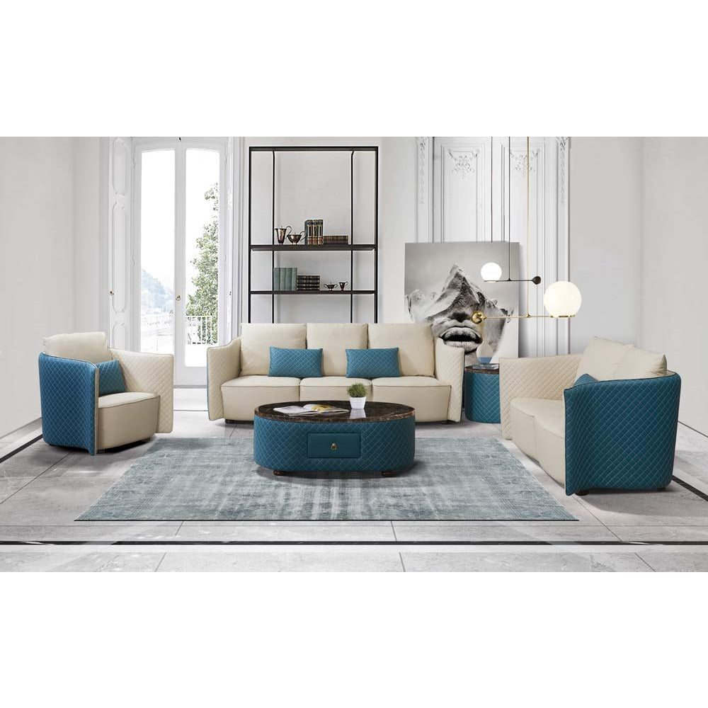 European Furniture - Makassar 3 Piece Sofa Set Beige & Blue Italian Leather - EF-52554 - New Star Living