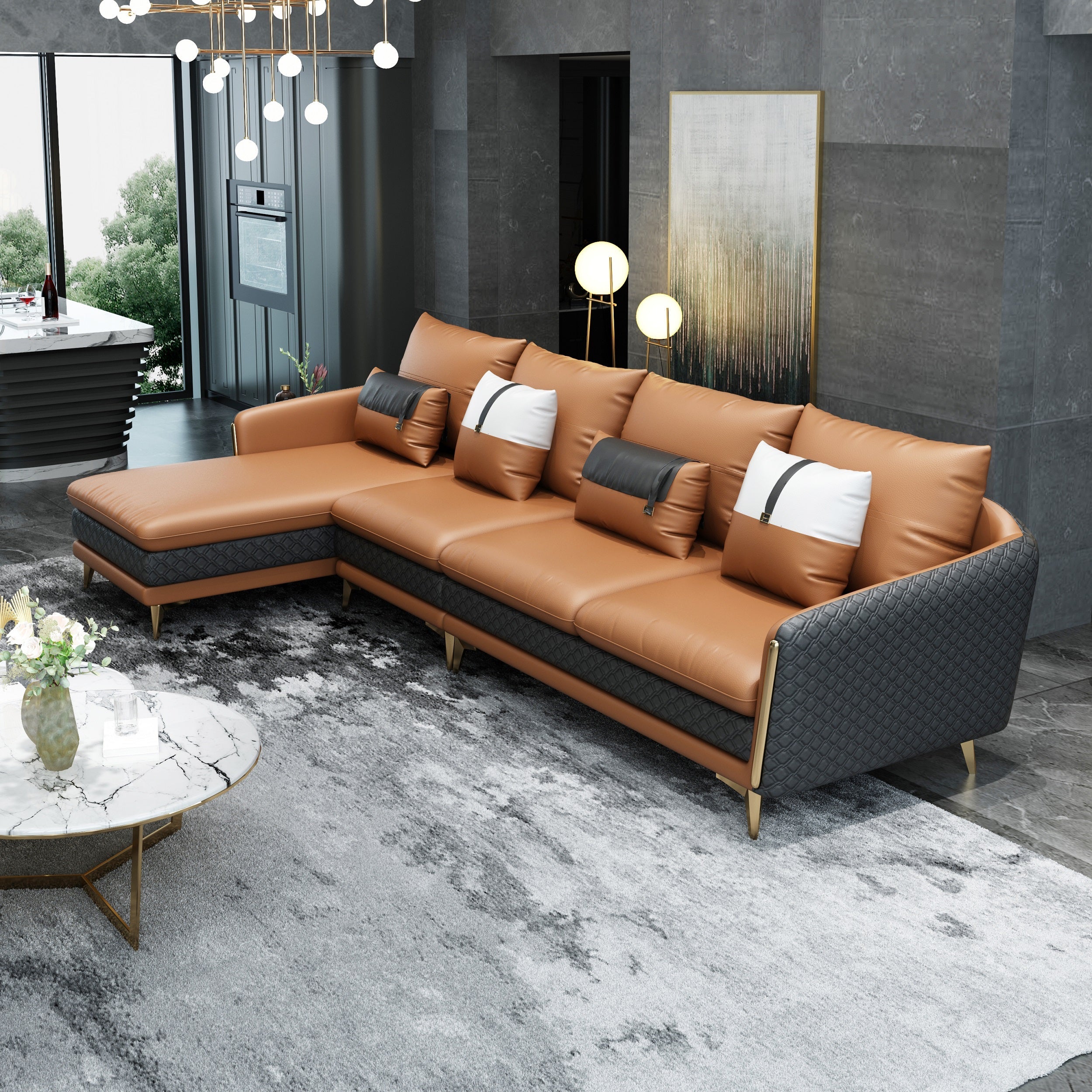European Furniture - Icaro LHF Sectional Cognac & Gray Italian Leather - EF-64431L-4LHF - New Star Living