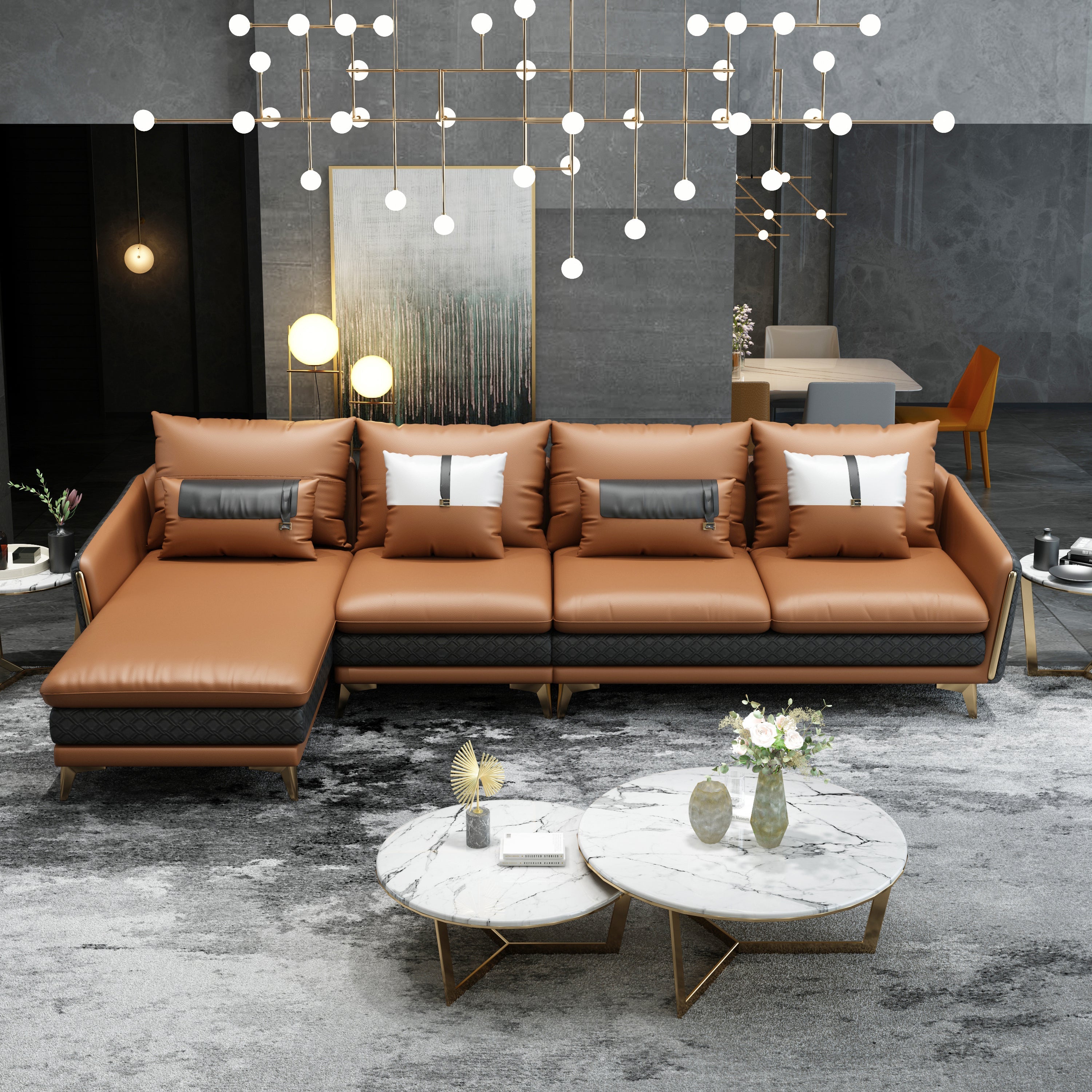 European Furniture - Icaro LHF Sectional Cognac & Gray Italian Leather - EF-64431L-4LHF - New Star Living