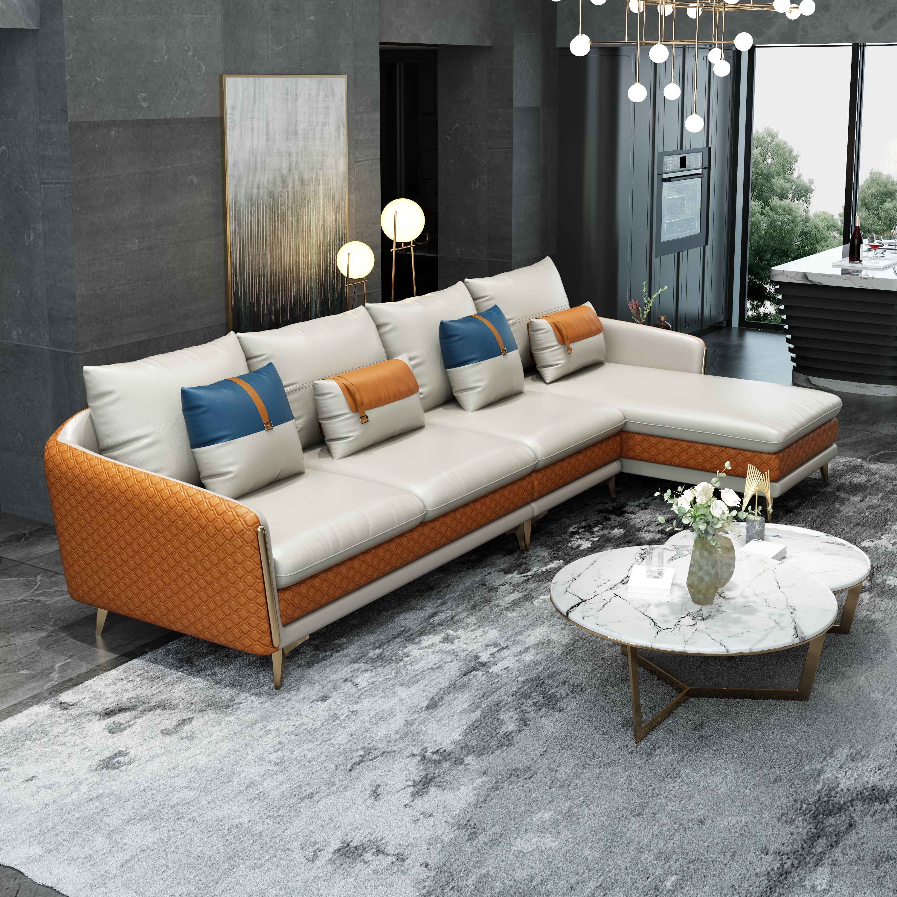 European Furniture - Icaro RHF Sectional White-Orange Italian Leather - EF-64433R-4RHF - New Star Living