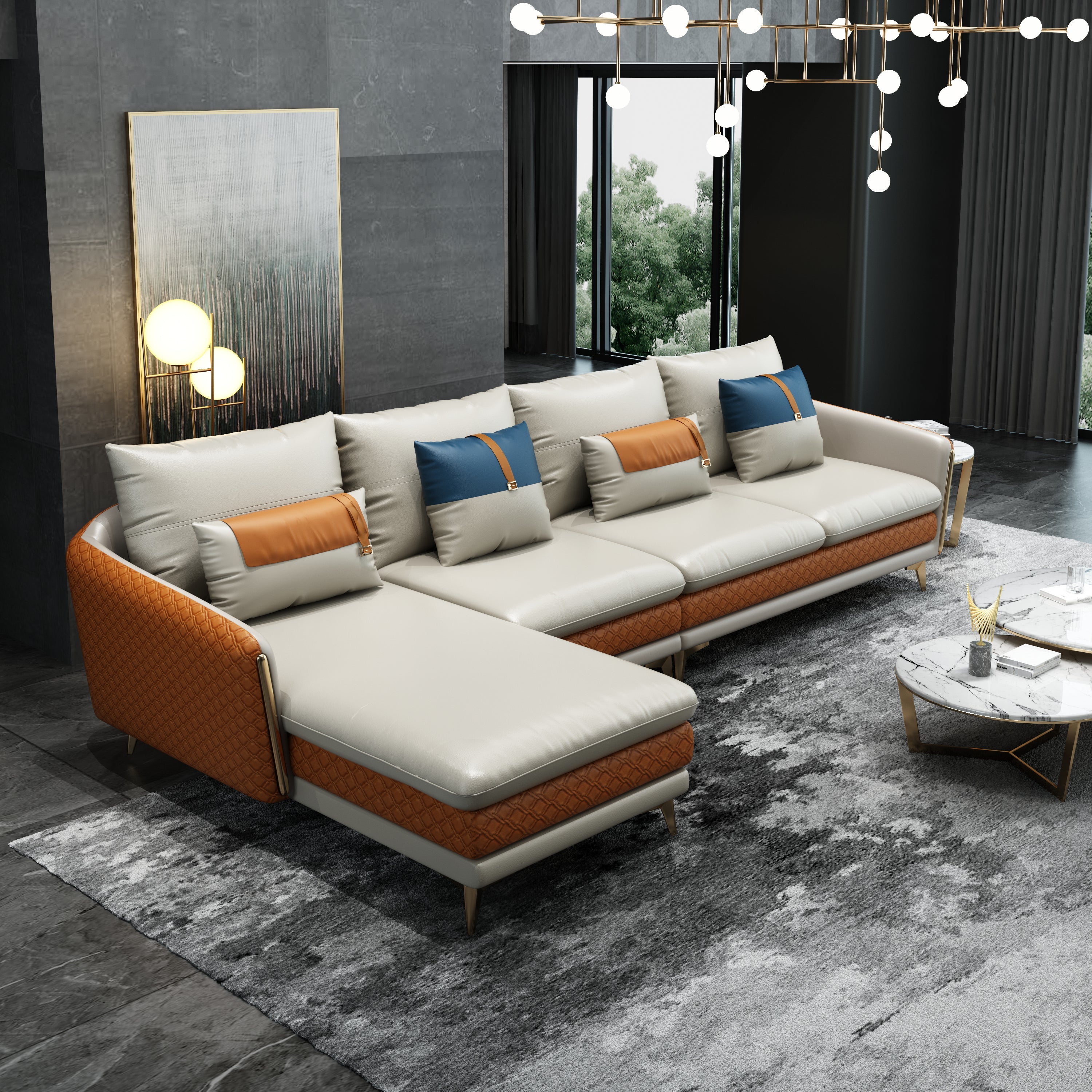 European Furniture - Icaro Mansion LHF Sectional Off White & Orange Italian Leather - EF-64435L-5LHF - New Star Living
