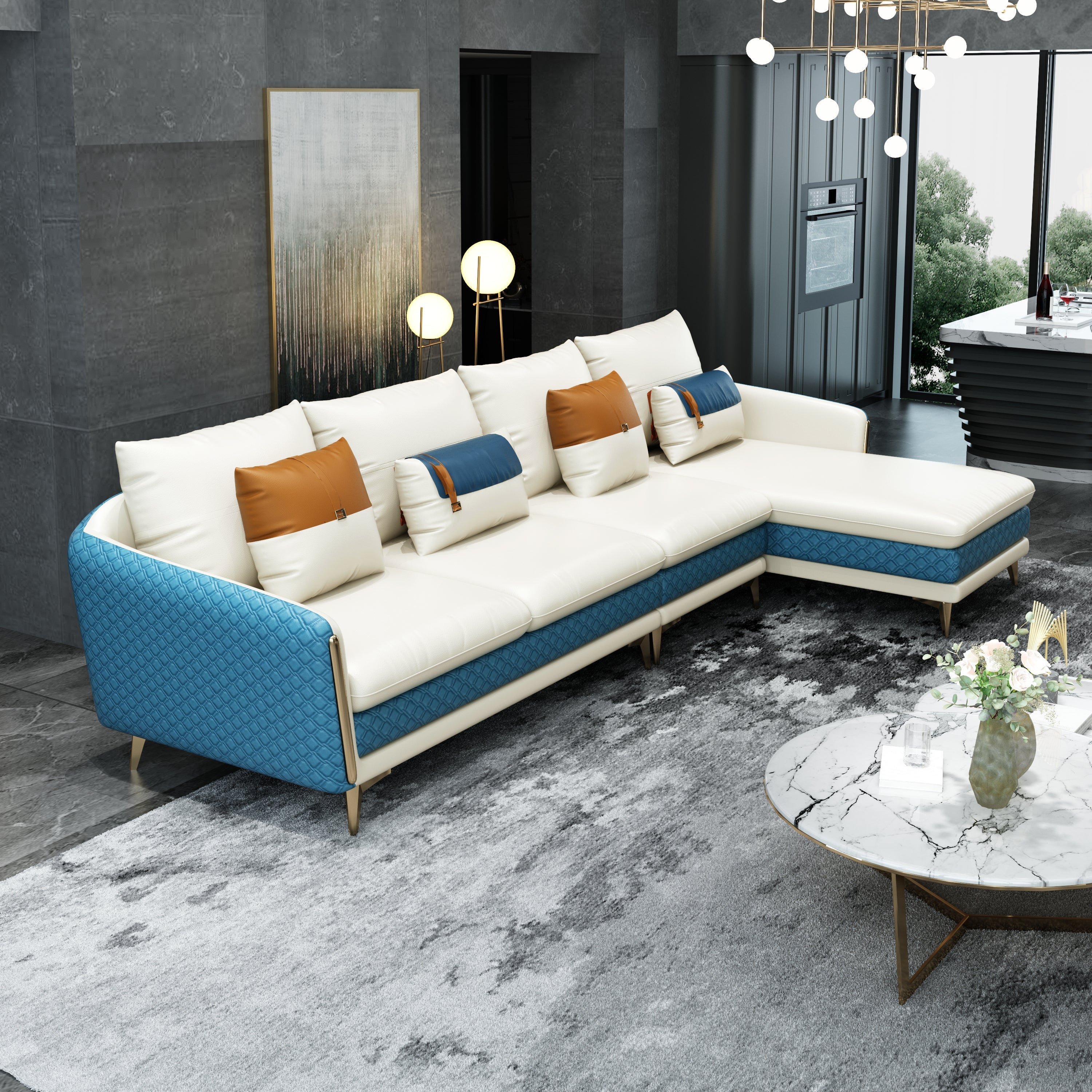 European Furniture - Icaro Sectional RHF White-Blue Italian Leather - EF-64439R-4RHF - New Star Living