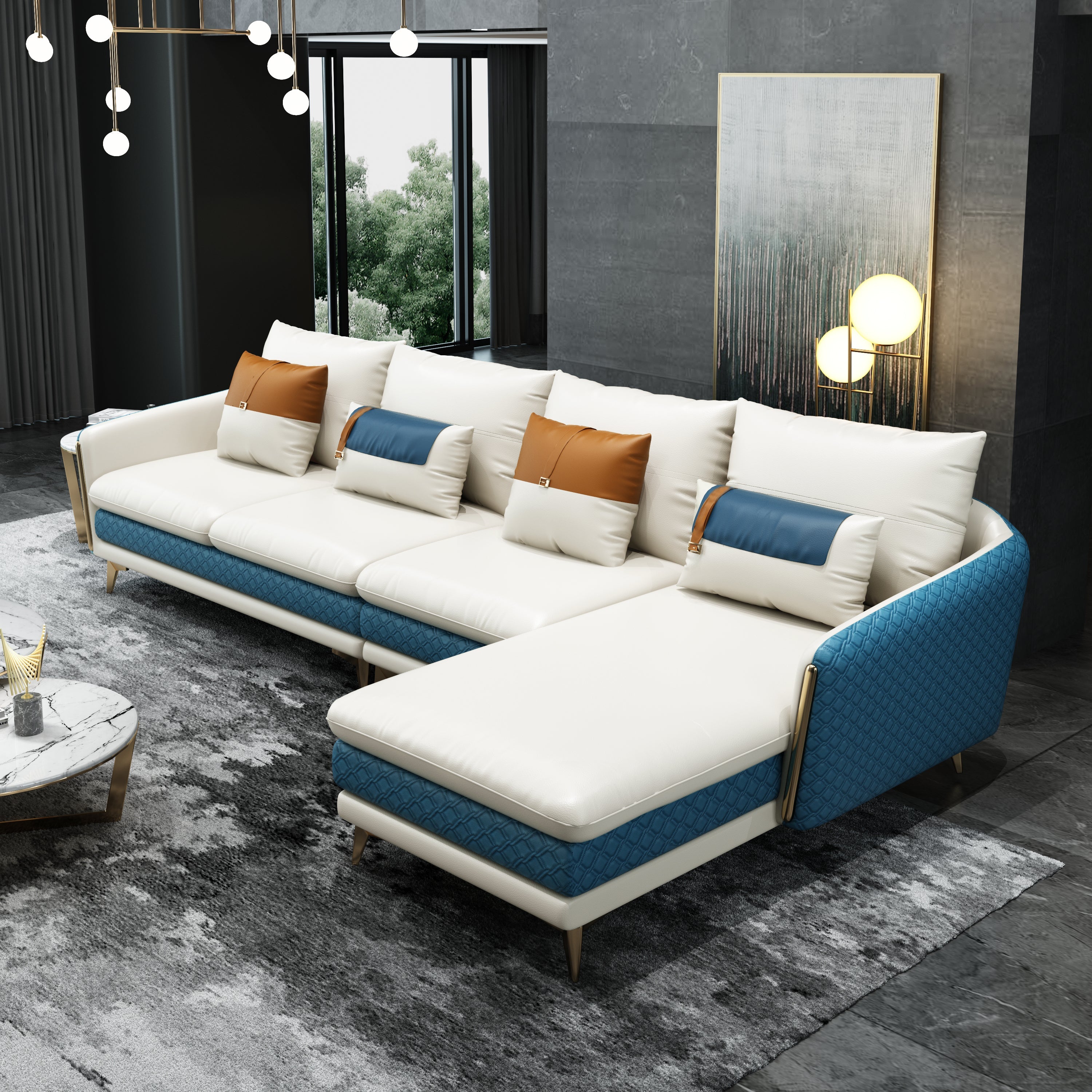 European Furniture - Icaro Sectional RHF White-Blue Italian Leather - EF-64439R-4RHF - New Star Living