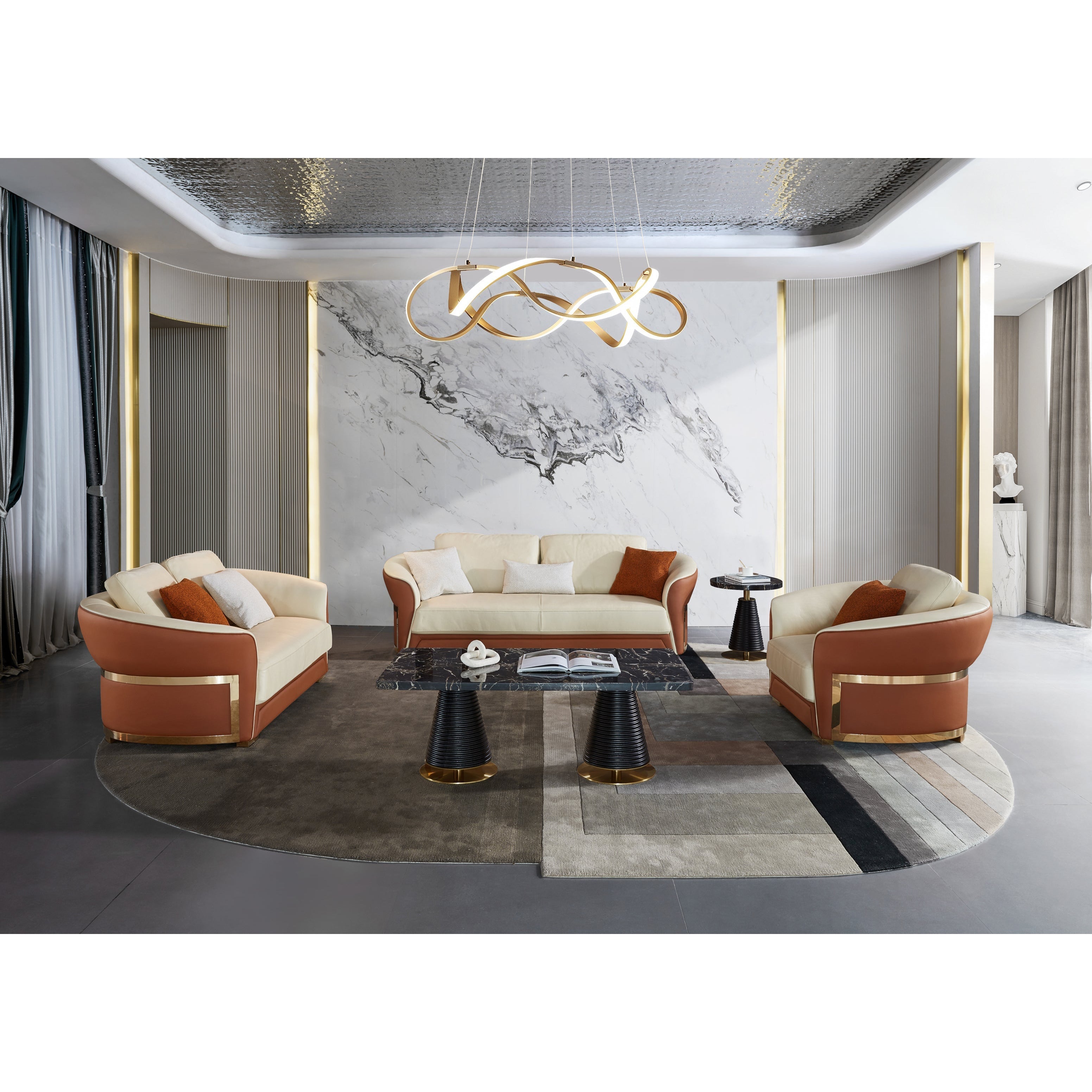 European Furniture - Celine 3 Piece Sofa Set Italian Leather Sand Beige & Cognac - EF-89953 - New Star Living