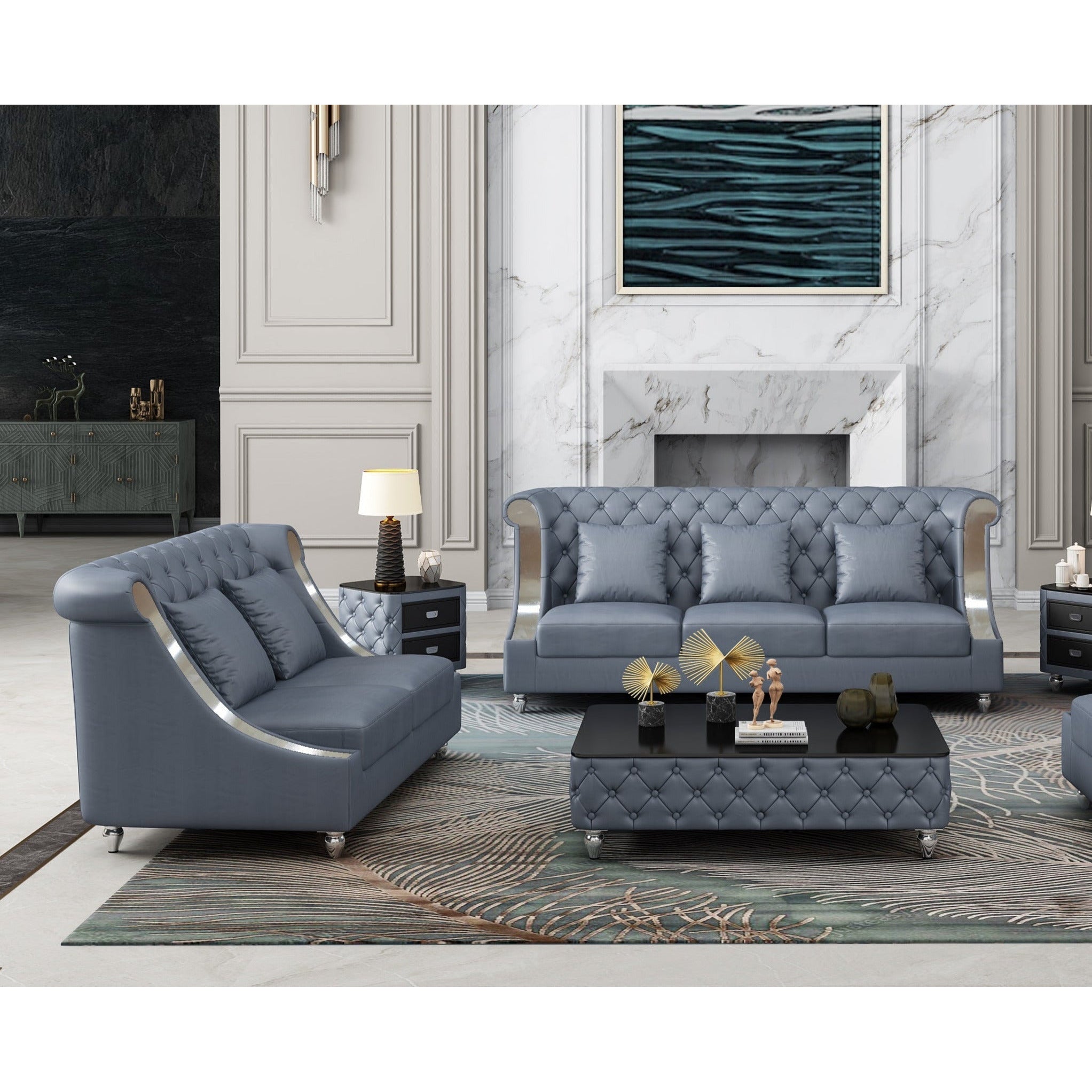European Furniture - Mayfair 2 Piece Sofa Set Premium Gray Italian Leather - EF-90281-2SET - New Star Living