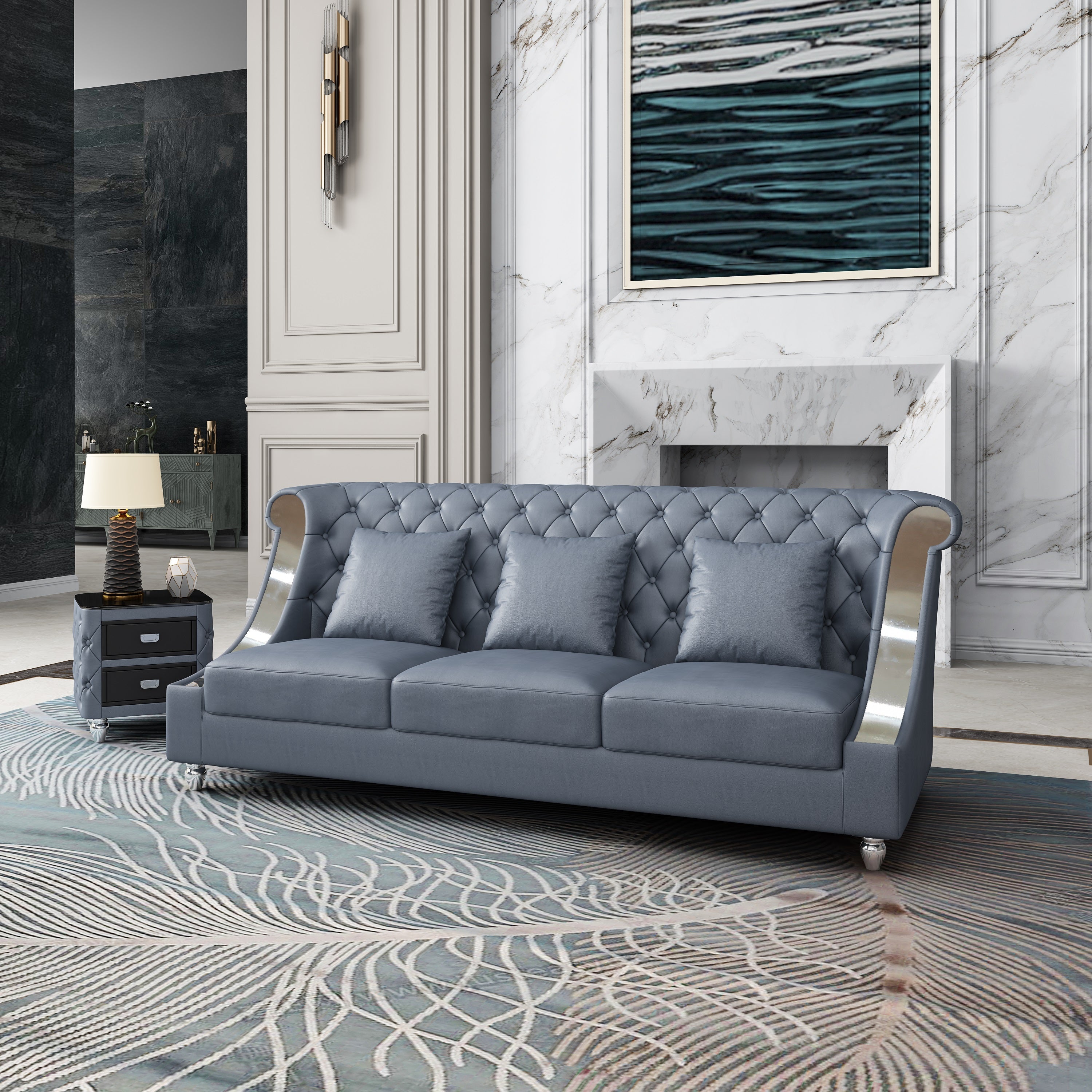 European Furniture - Mayfair 3 Piece Living Room Set Premium Gray Italian Leather - EF-90281-3SET - New Star Living