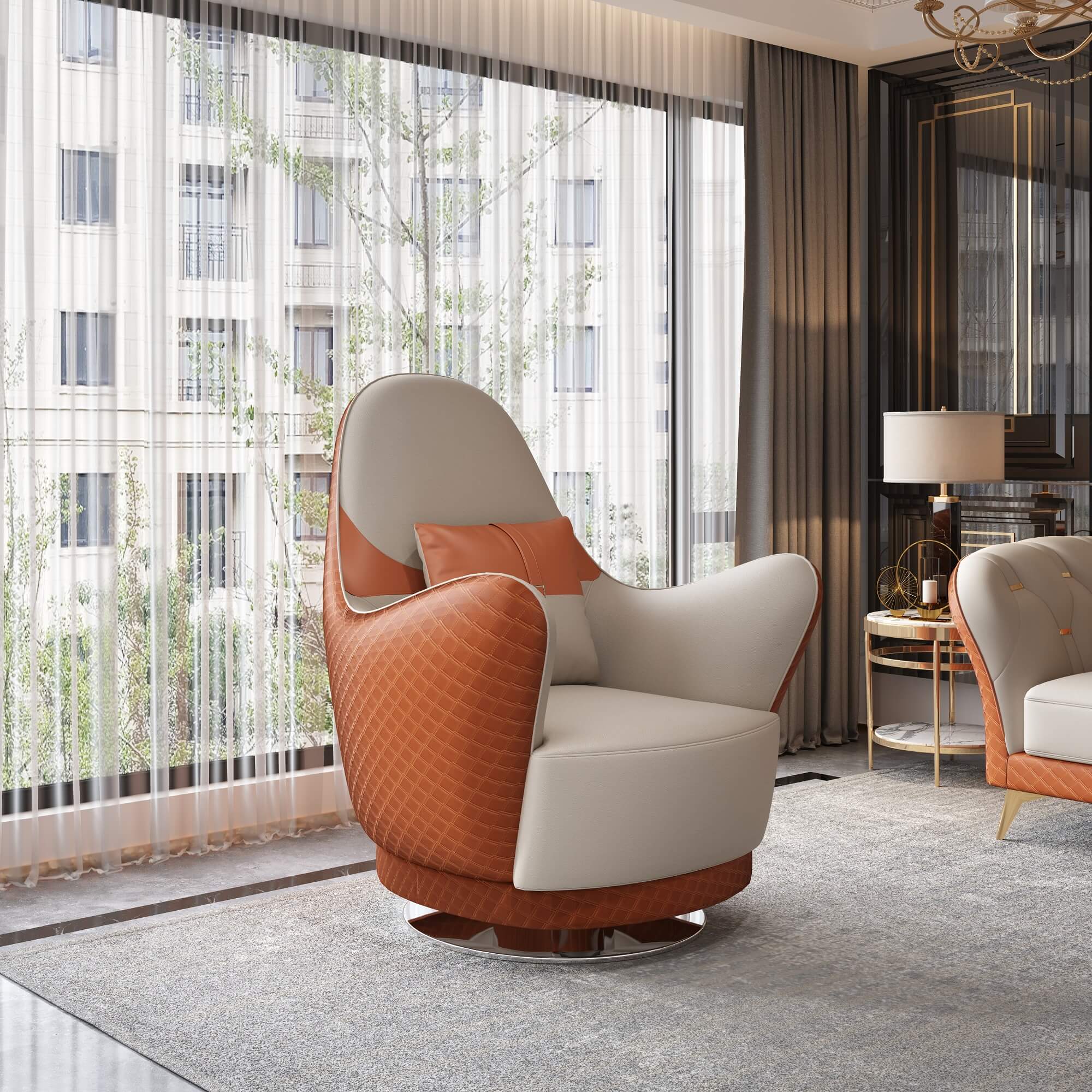 European Furniture - Amalia Swivel Chair Off White-Orange Italian Leather - EF-28040-C - New Star Living