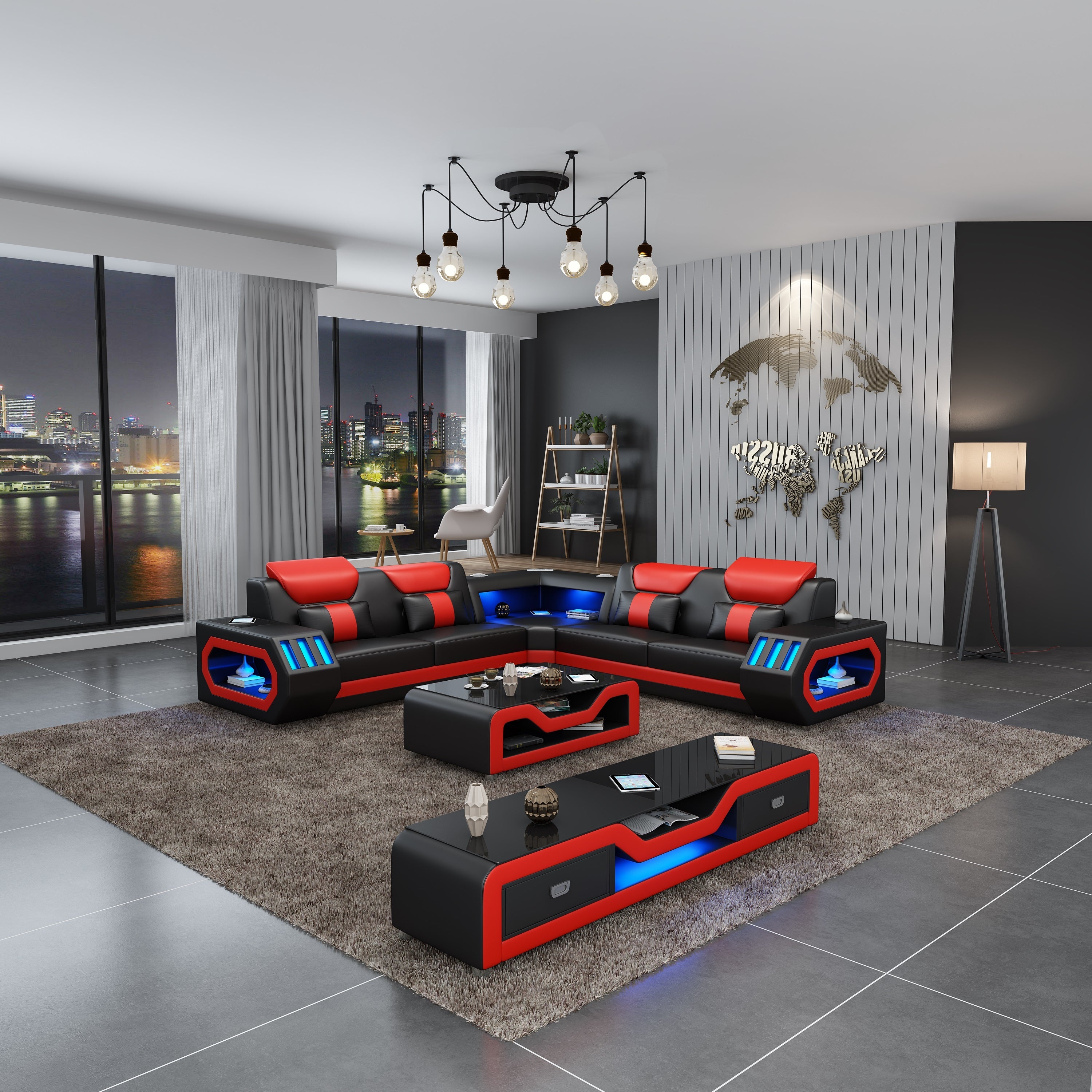 European Furniture - Spaceship LED Sectional Black Red Italian Leather - LED-86661-BR - New Star Living