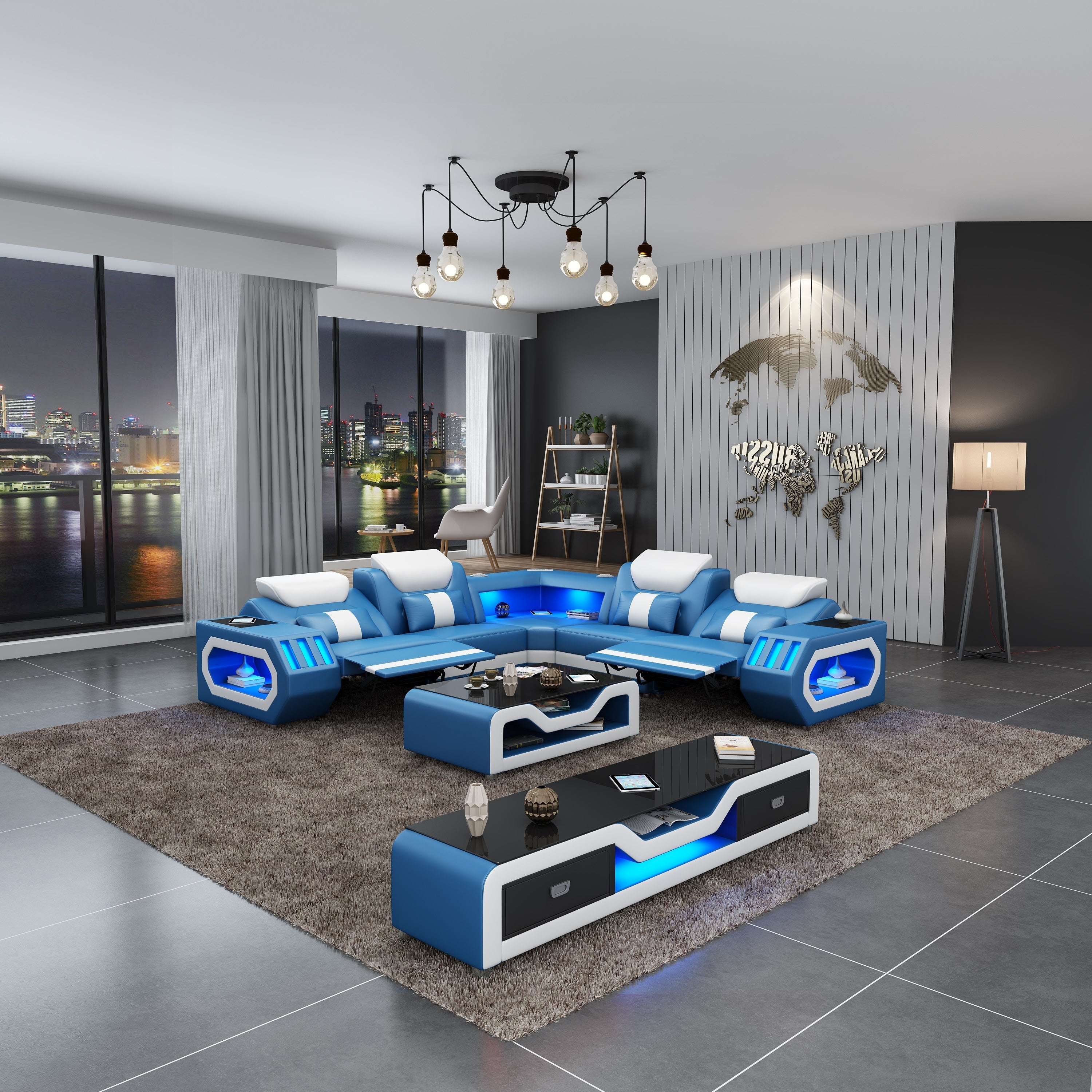 European Furniture - Spaceship LED Sectional Dual Recliner Blue White Italian Leather - LED-86662-BLUW-DRR - New Star Living