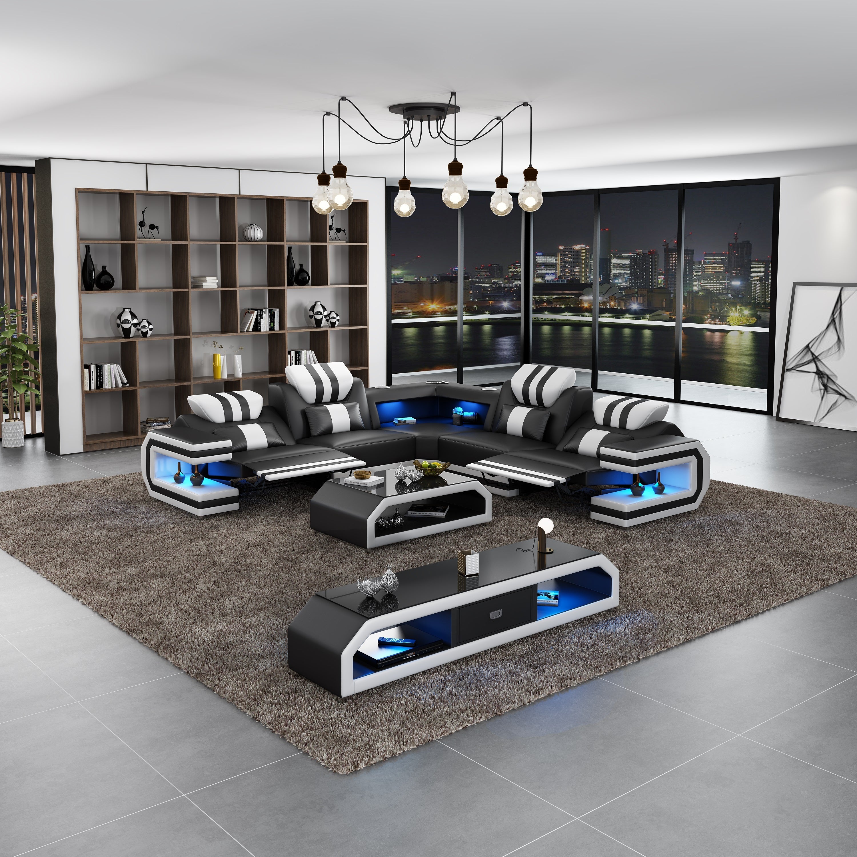 European Furniture - Lightsaber LED Sectional Dual Recliners Black White Italian Leather - LED-87770-BW-DRR - New Star Living