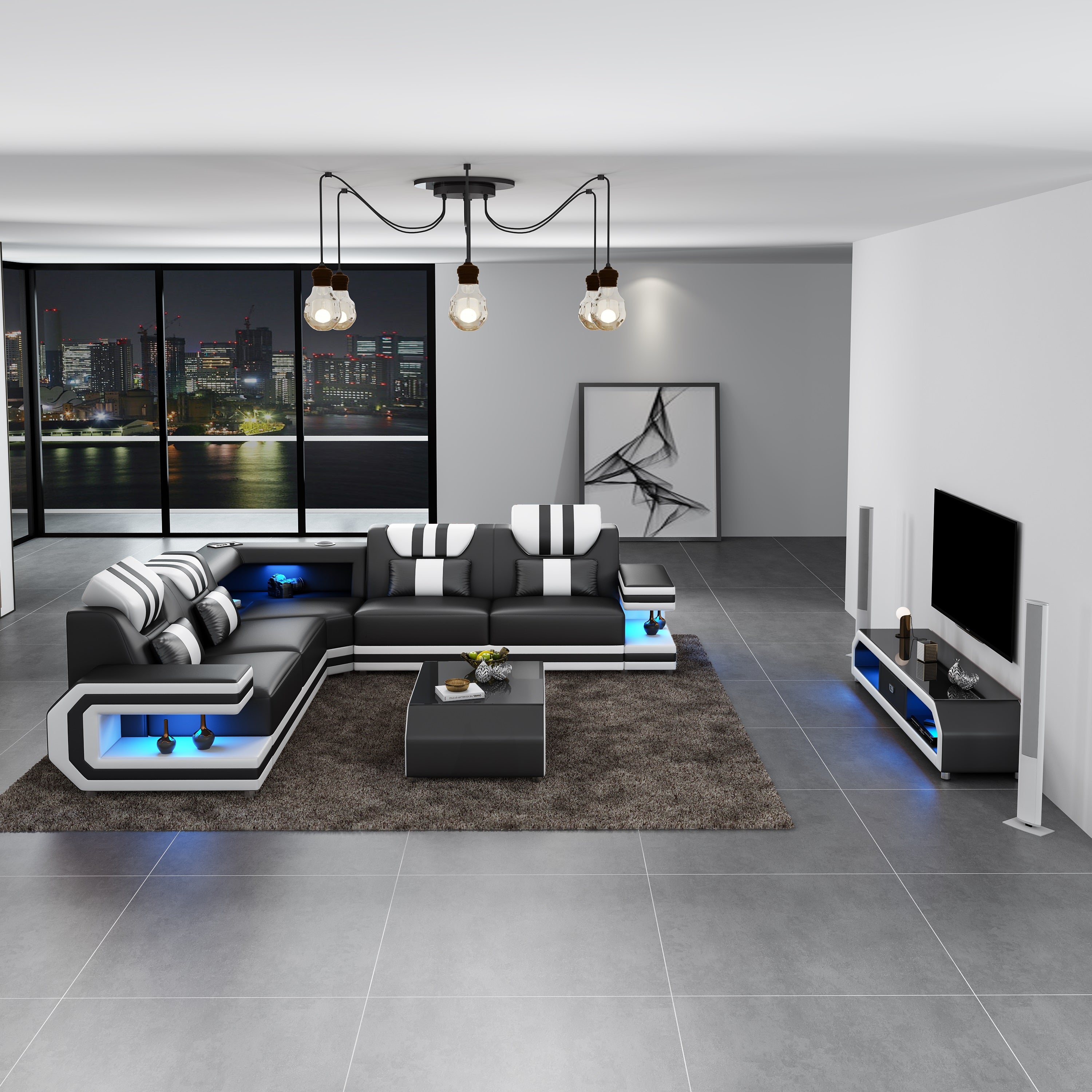 European Furniture - Lightsaber LED Sectional Dual Recliners Black White Italian Leather - LED-87770-BW-DRR - New Star Living