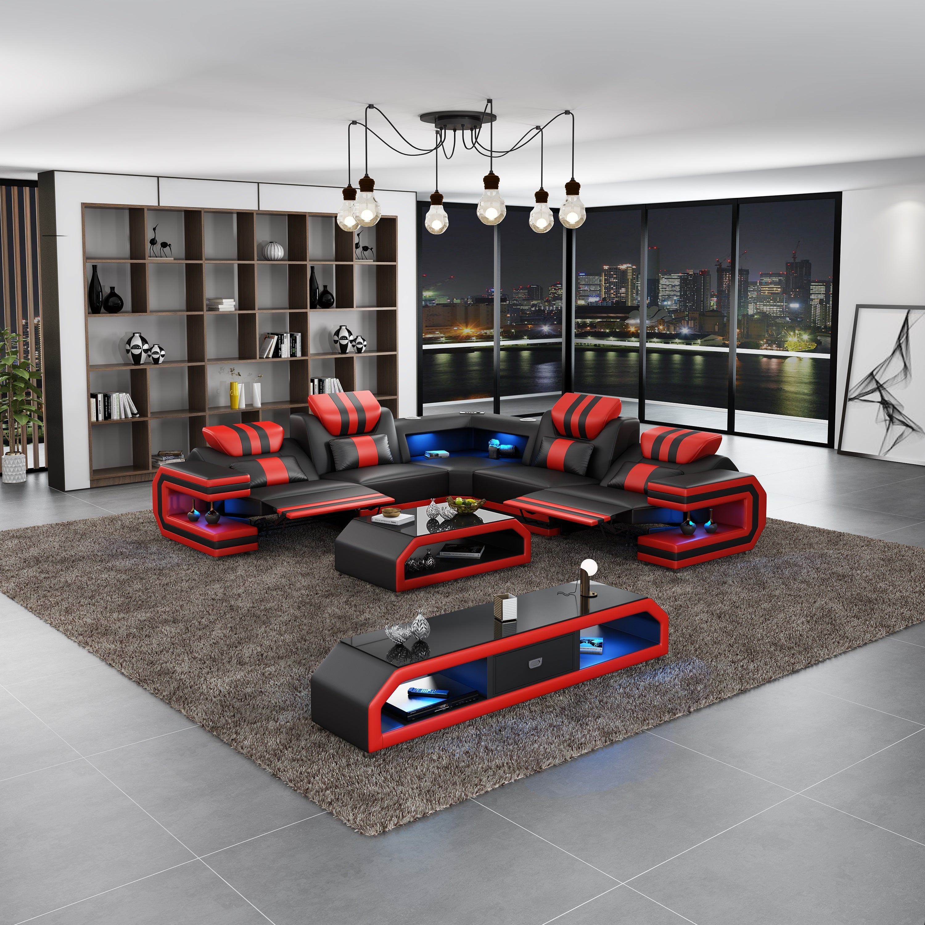 European Furniture - Lightsaber LED Sectional Dual Recliners Black Red Italian Leather - LED-87771-BR-DRR - New Star Living
