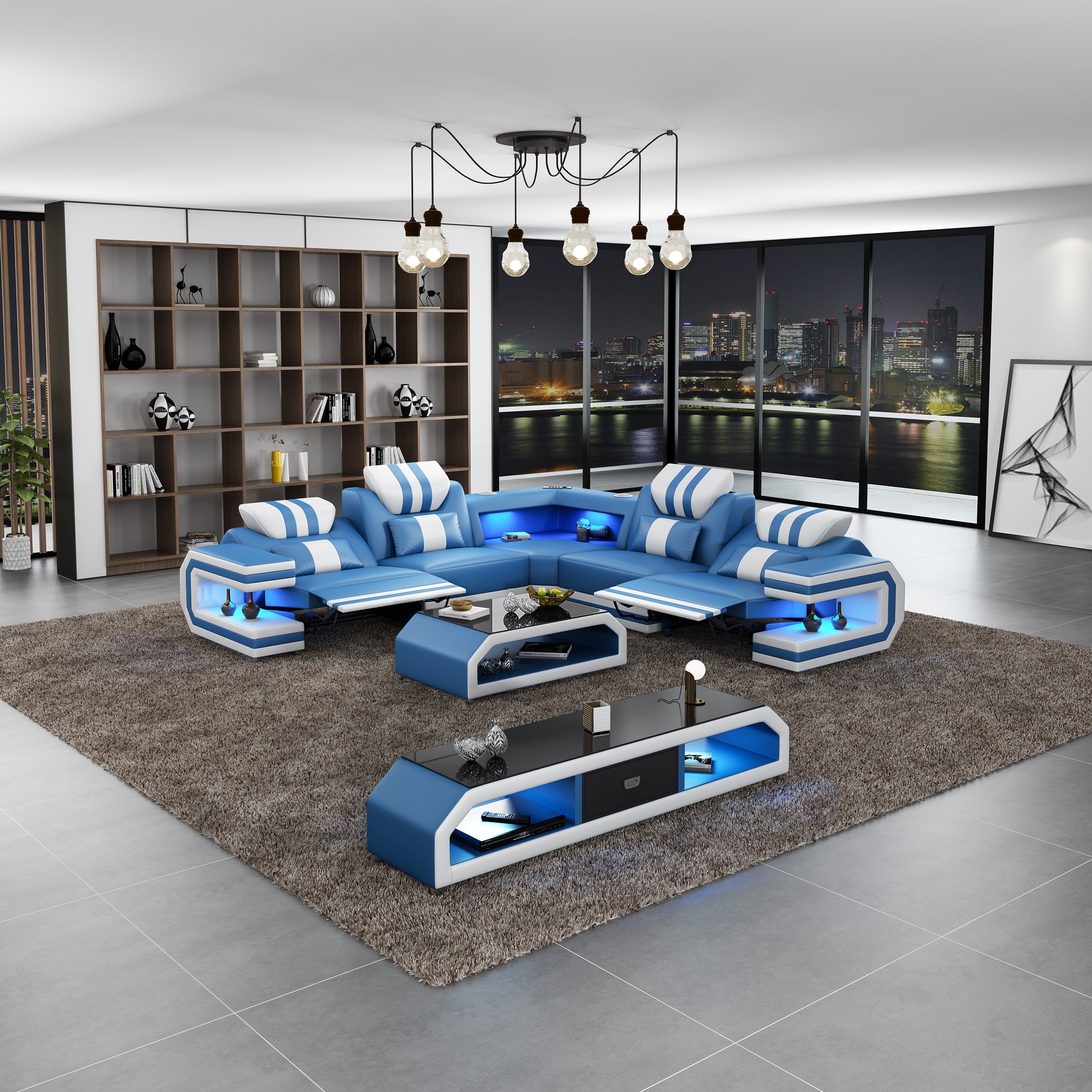 European Furniture - Lightsaber LED Sectional Dual Recliners Blue White Italian Leather - LED-87772-BWLU-DRR - New Star Living