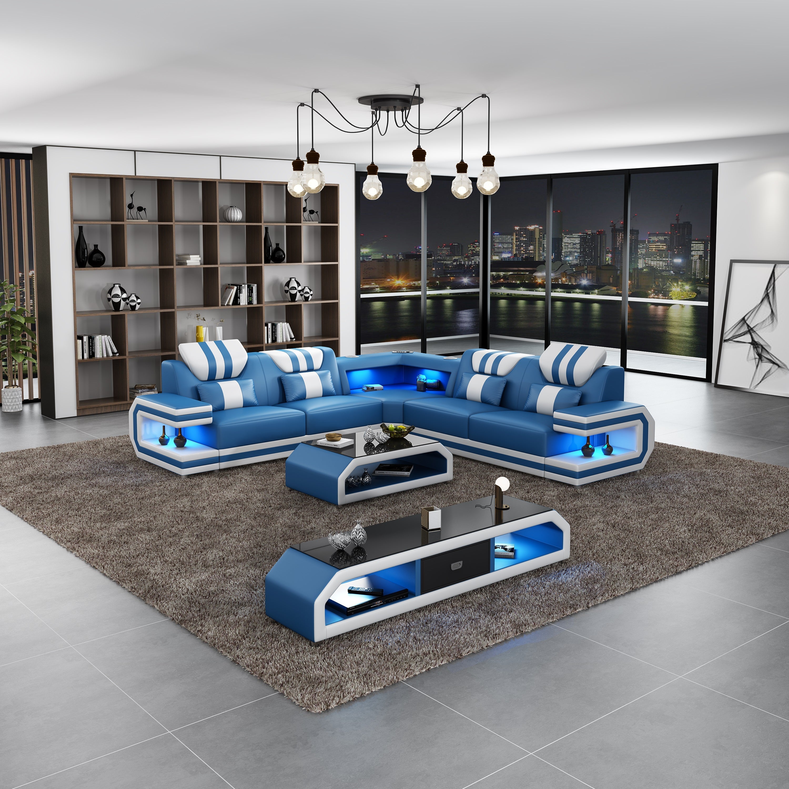 European Furniture - Lightsaber LED Sectional Blue White Italian Leather - LED-87772-BLUW - New Star Living