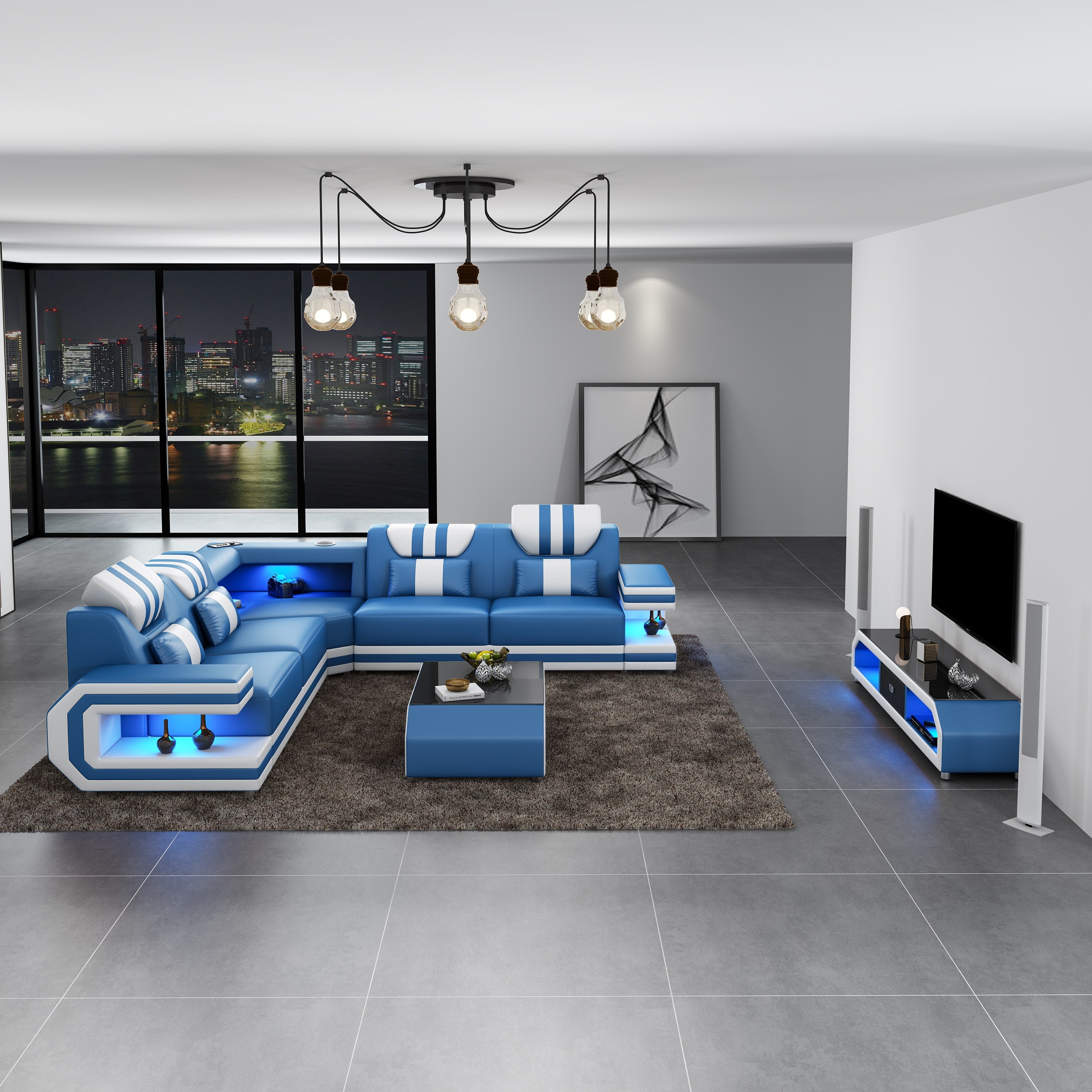 European Furniture - Lightsaber LED Sectional Blue White Italian Leather - LED-87772-BLUW - New Star Living