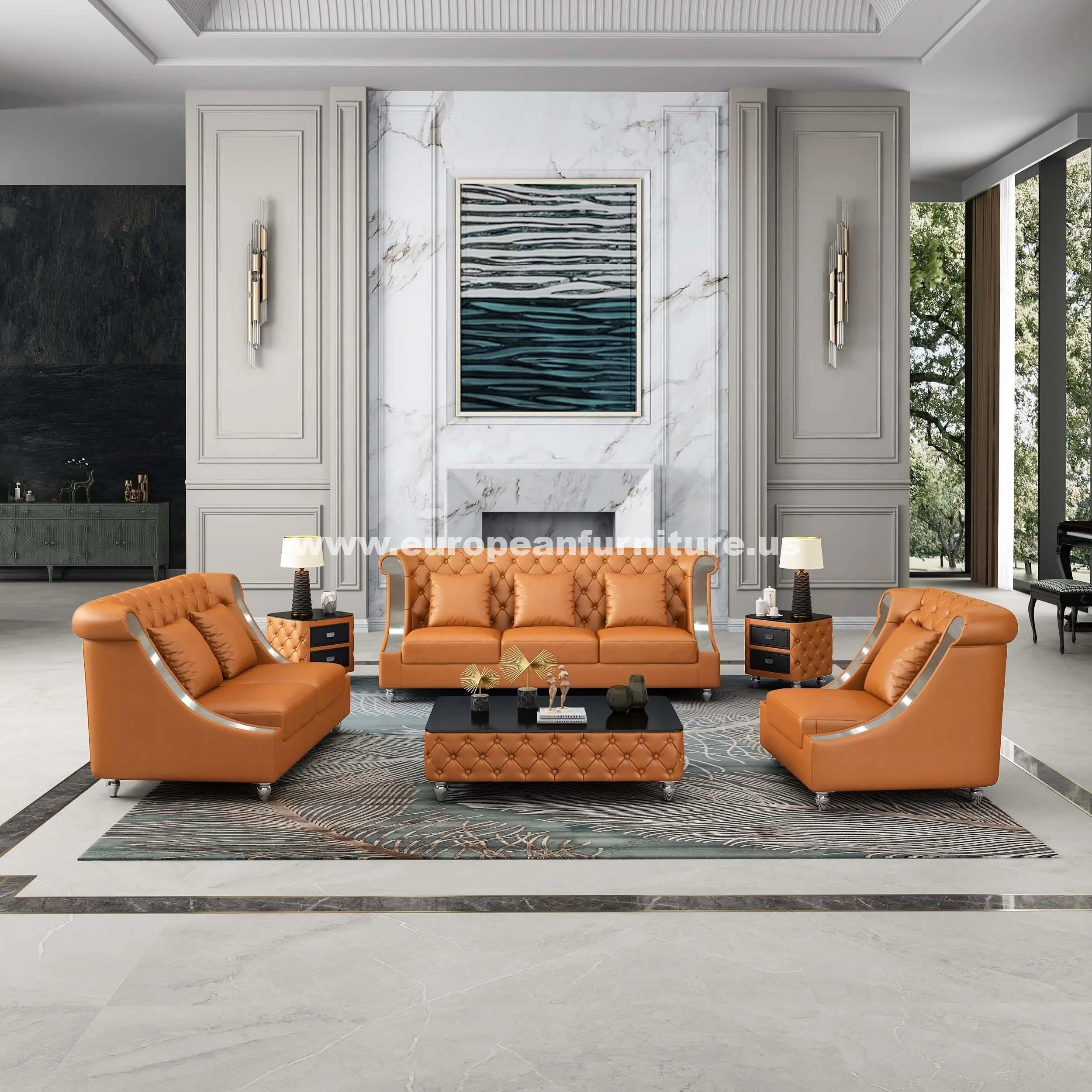 European Furniture - Mayfair 3 Piece Sofa Set Cognac - EF-90282 - New Star Living