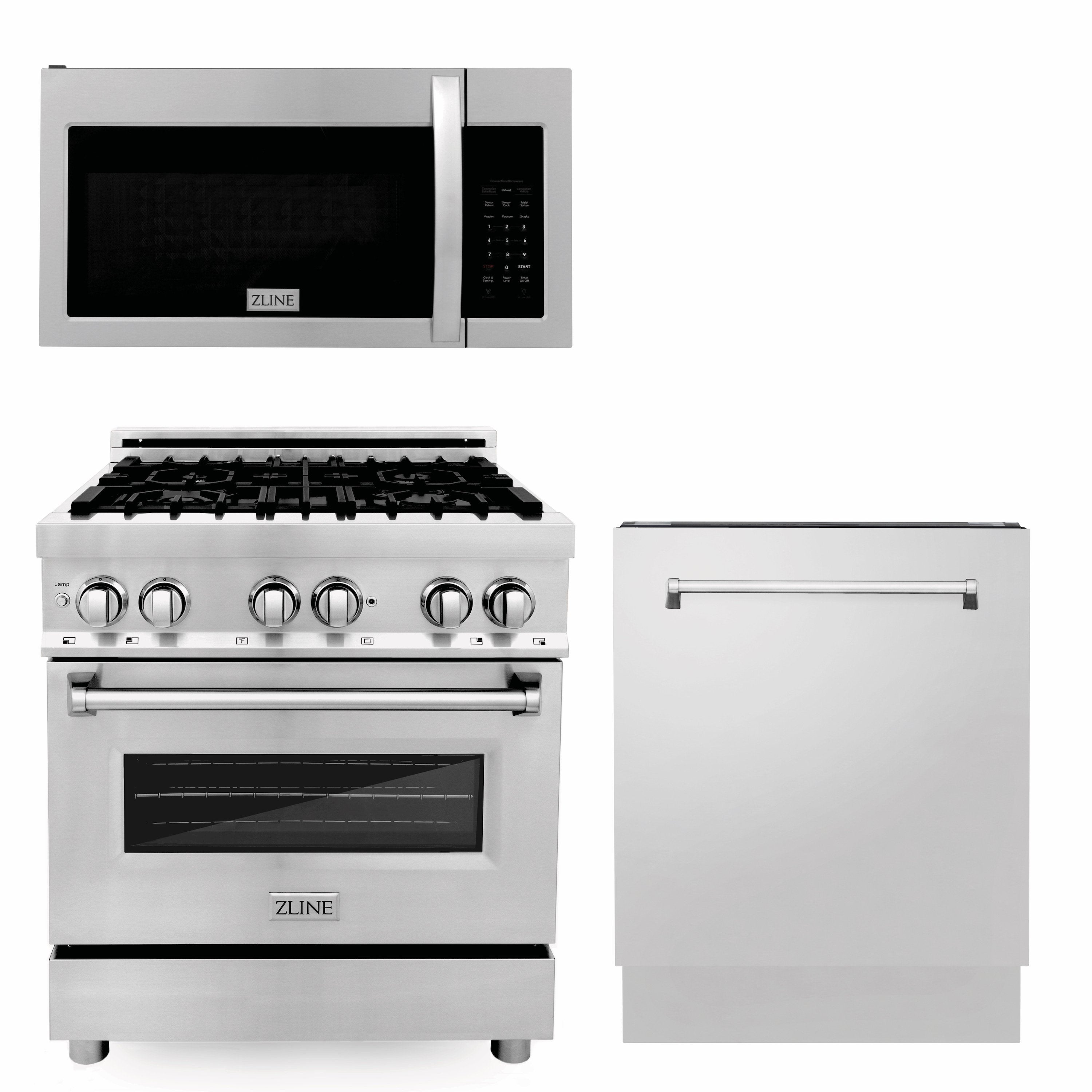 ZLINE 30 in. Kitchen Package with Stainless Steel Dual Fuel Range with a 30 in. Over the Range Microwave, and Stainless Steel Dishwasher (3KP-RAOTR30-DW) - New Star Living