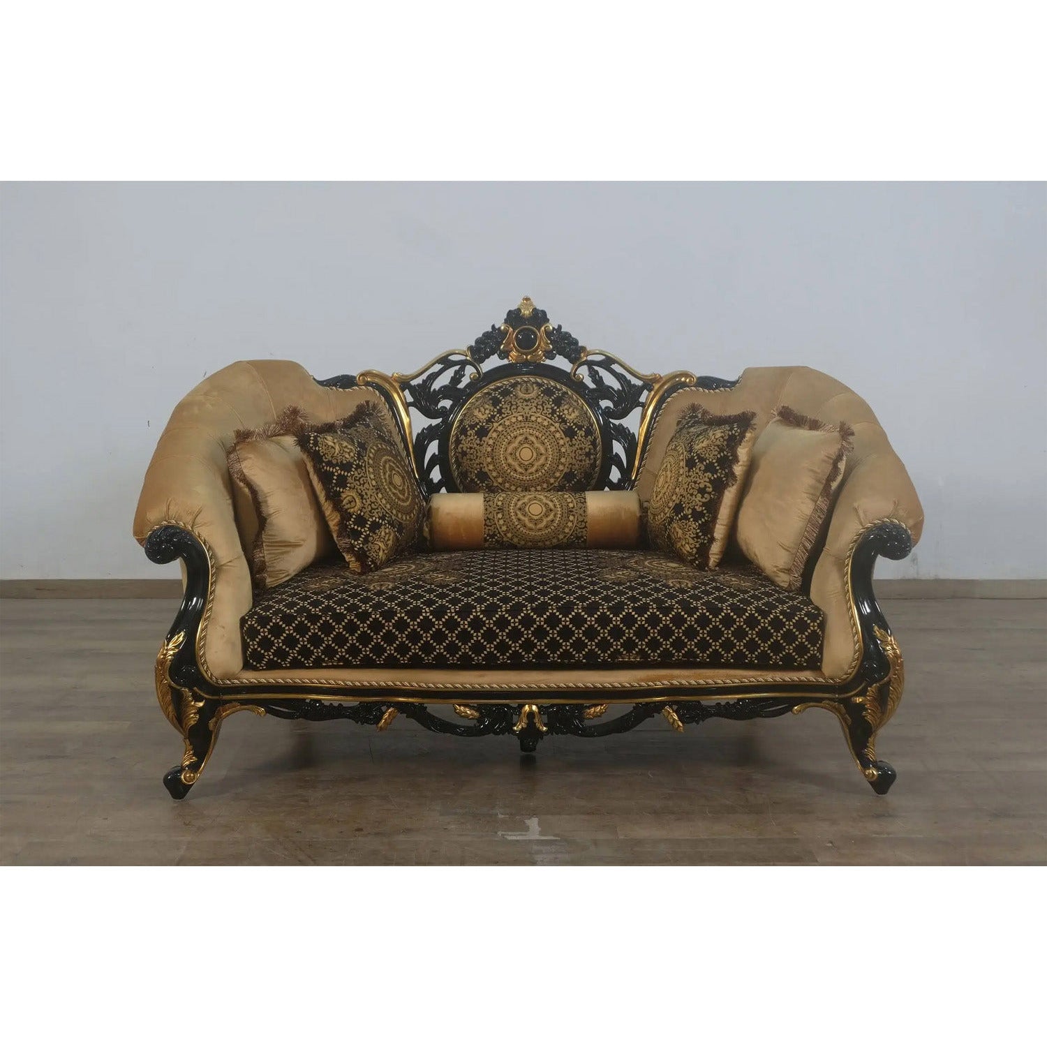 European Furniture - Rosella Loveseat Black Gold Damask - 44696-L - New Star Living