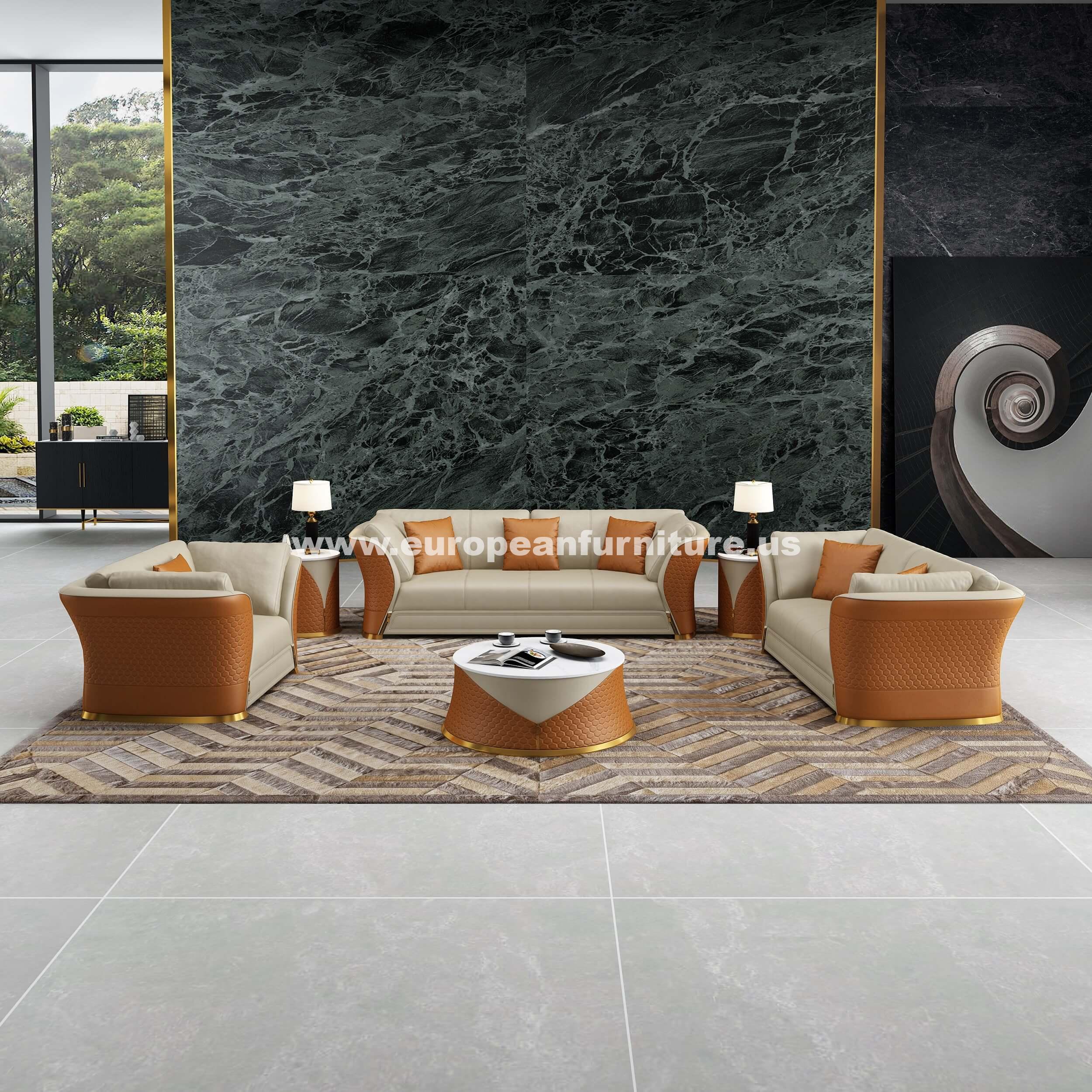 European Furniture - Vogue 3 Piece Sofa Set Beige-Cognac Italian Leather - EF-27992 - New Star Living