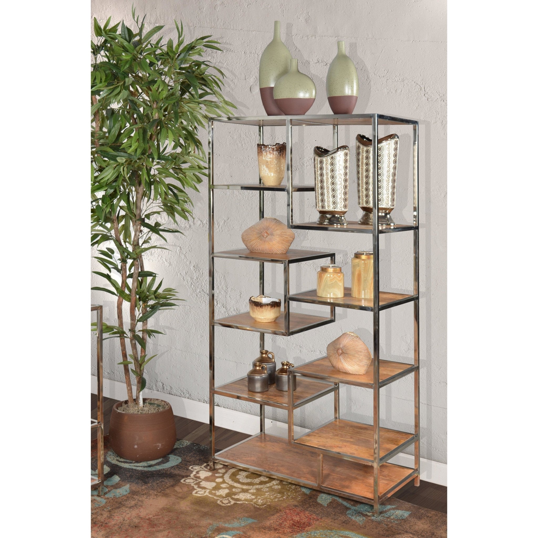 AFD Home Allazzo 72 Inch Etagere Pier Unit Stainless Steel Mango Wood Natural Finish - New Star Living