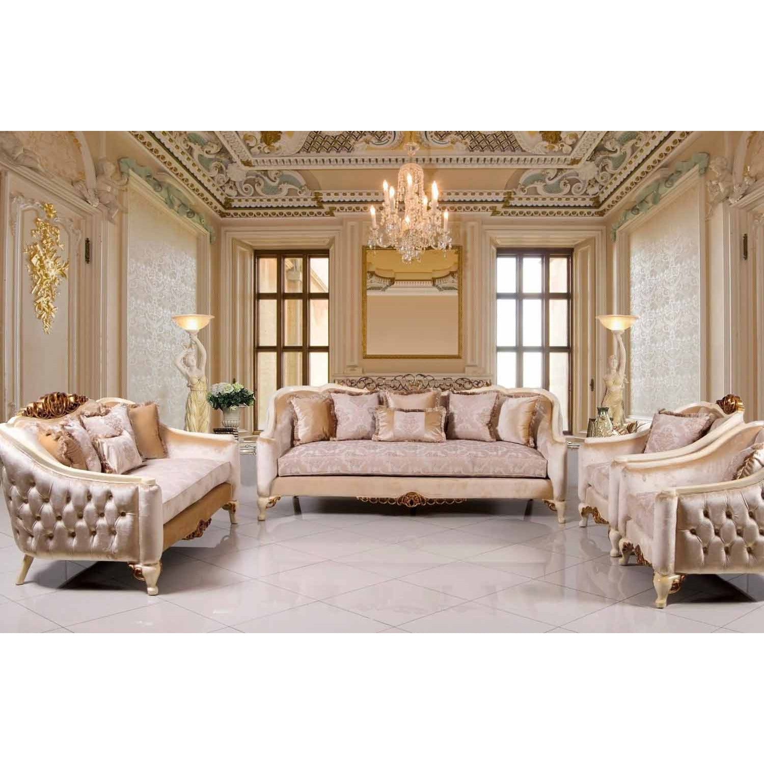 European Furniture - Angelica 3 Piece Living Room Set in Beige & Gold - 45350-3SET - New Star Living