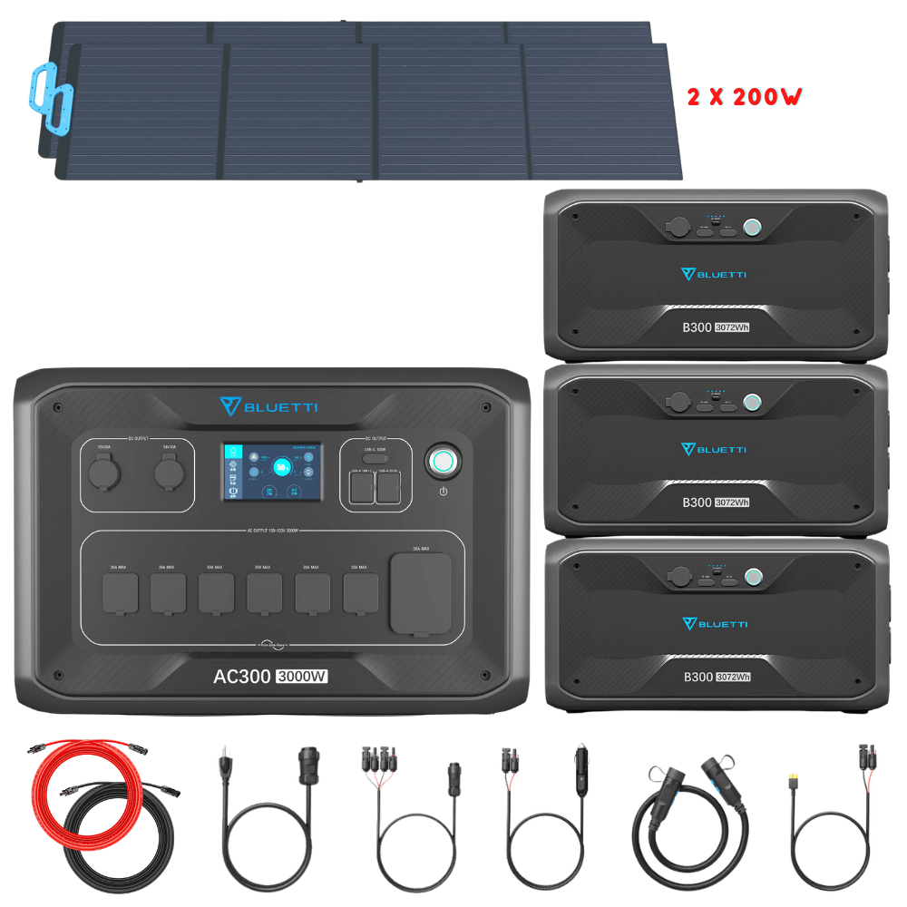 Bluetti AC300 Inverter Module + B300 Batteries + Solar Panels Complete Solar Generator Kit - BP-AC300+B300[3]+PV200[2]+RS-50102 - Avanquil