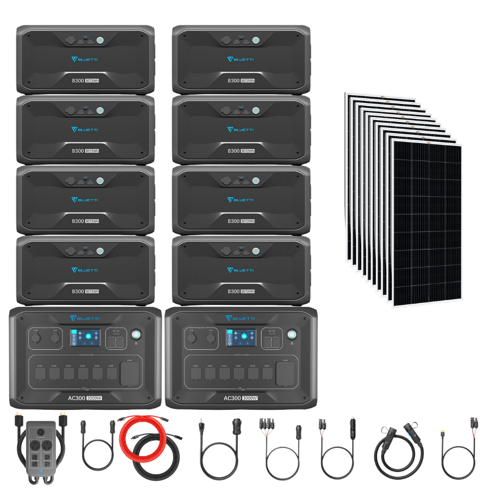 Bluetti [DUAL] AC300 6,000W 240V Split Phase + B300 Batteries + Solar Panels - BP-AC300[2]+P030A+B300[8]+RS-M200[10]+RS-50102[2] - Avanquil