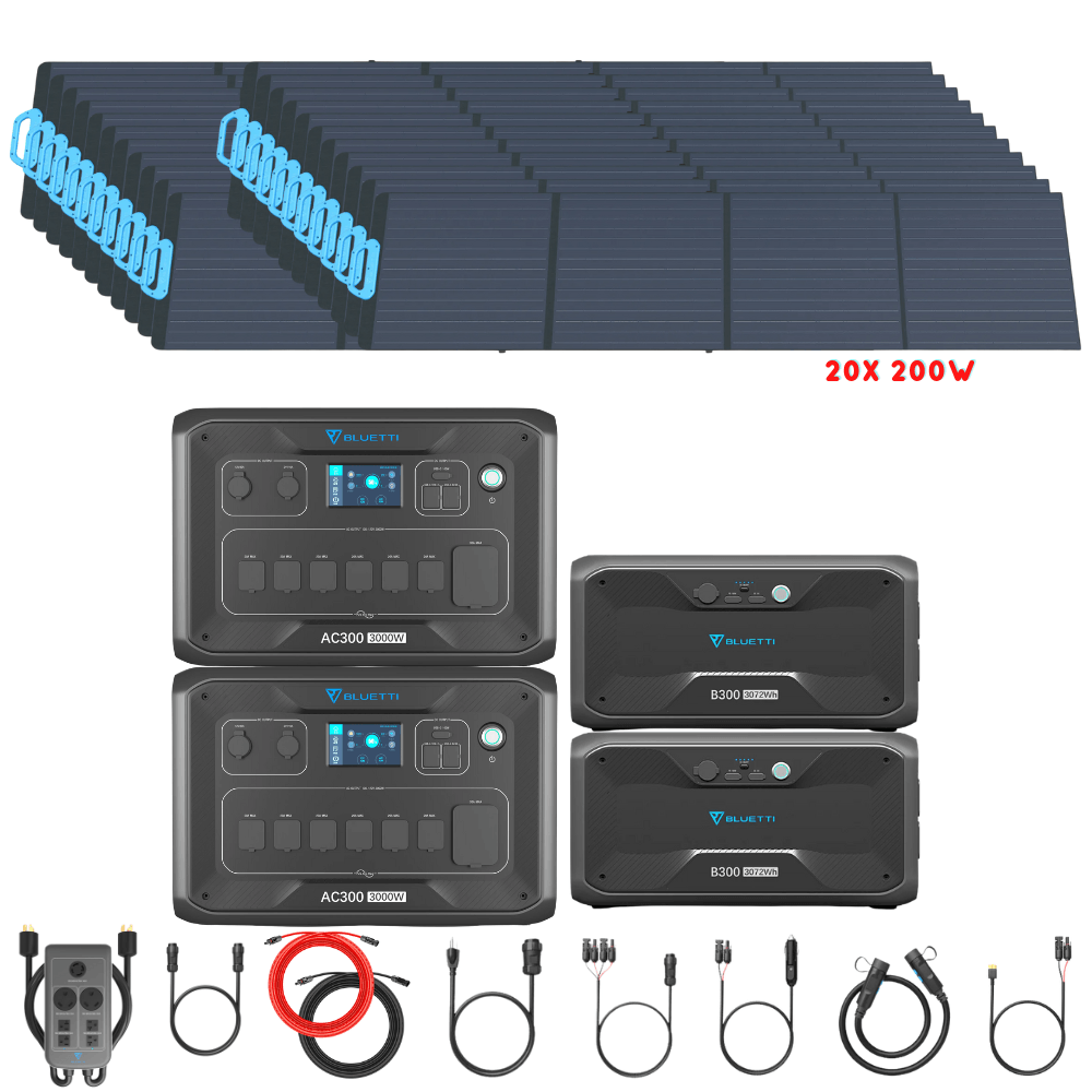 Bluetti [DUAL] AC300 6,000W 240V Split Phase + B300 Batteries + Solar Panels Complete Solar Generator Kit - BP-AC300[2]+P030A+B300[2]+PV200[20]+RS-50102[4] - Avanquil