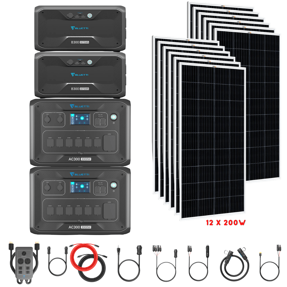 Bluetti [DUAL] AC300 6,000W 240V Split Phase + B300 Batteries + Solar Panels Complete Solar Generator Kit - BP-AC300[2]+P030A+B300[2]+RS-M200[12]+RS-50102[2] - Avanquil
