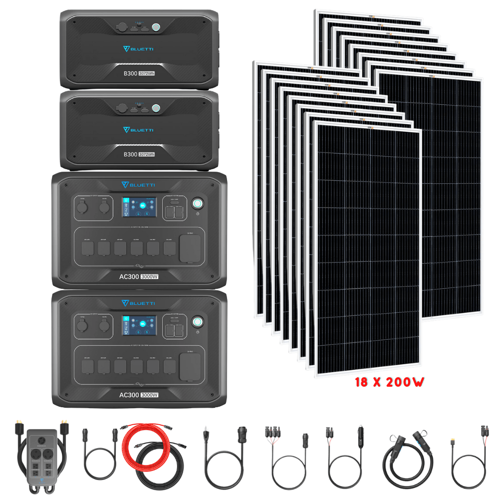 Bluetti [DUAL] AC300 6,000W 240V Split Phase + B300 Batteries + Solar Panels Complete Solar Generator Kit - BP-AC300[2]+P030A+B300[2]+RS-M200[18]+RS-50102[4] - Avanquil