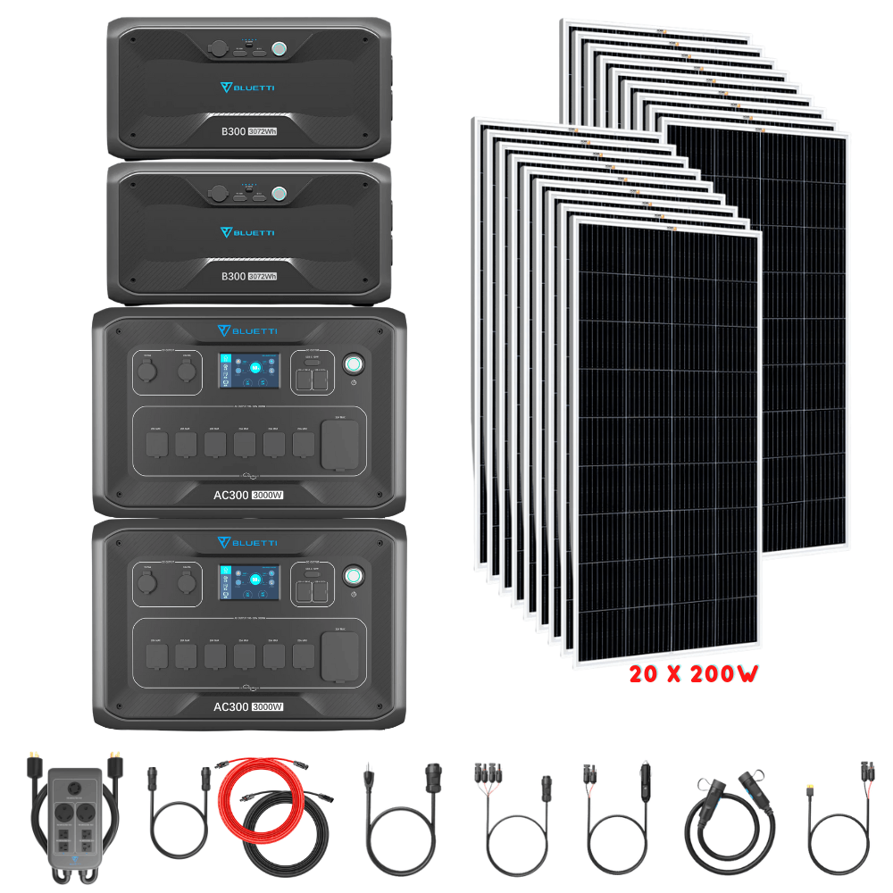 Bluetti [DUAL] AC300 6,000W 240V Split Phase + B300 Batteries + Solar Panels Complete Solar Generator Kit - BP-AC300[2]+P030A+B300[2]+RS-M200[20]+RS-50102[4] - Avanquil