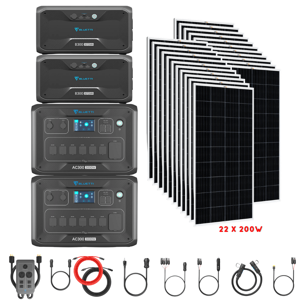 Bluetti [DUAL] AC300 6,000W 240V Split Phase + B300 Batteries + Solar Panels Complete Solar Generator Kit - BP-AC300[2]+P030A+B300[2]+RS-M200[22]+RS-50102[4] - Avanquil