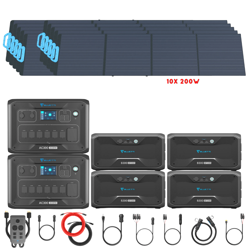 Bluetti [DUAL] AC300 6,000W 240V Split Phase + B300 Batteries + Solar Panels Complete Solar Generator Kit - BP-AC300[2]+P030A+B300[4]+PV200[10]+RS-50102[2] - Avanquil