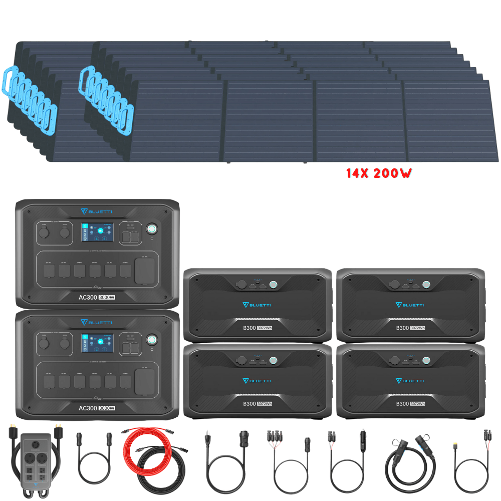 Bluetti [DUAL] AC300 6,000W 240V Split Phase + B300 Batteries + Solar Panels Complete Solar Generator Kit - BP-AC300[2]+P030A+B300[4]+PV200[14]+RS-50102[4] - Avanquil