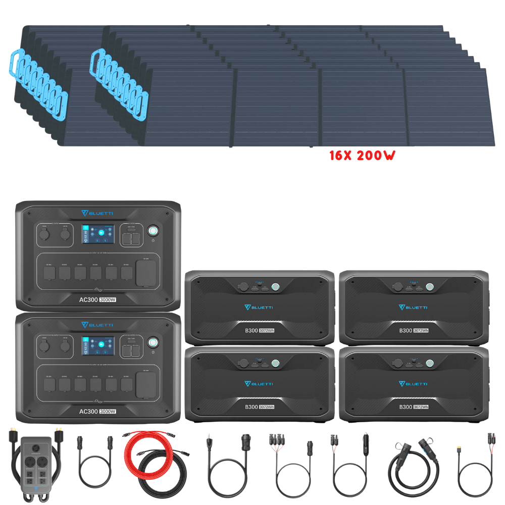 Bluetti [DUAL] AC300 6,000W 240V Split Phase + B300 Batteries + Solar Panels Complete Solar Generator Kit - BP-AC300[2]+P030A+B300[4]+PV200[16]+RS-50102[4] - Avanquil