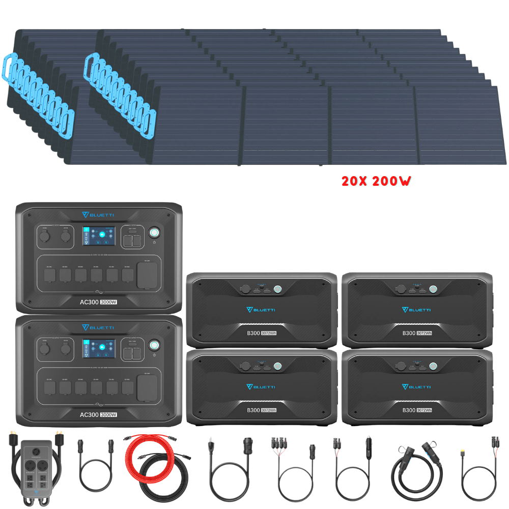 Bluetti [DUAL] AC300 6,000W 240V Split Phase + B300 Batteries + Solar Panels Complete Solar Generator Kit - BP-AC300[2]+P030A+B300[4]+PV200[20]+RS-50102[4] - Avanquil