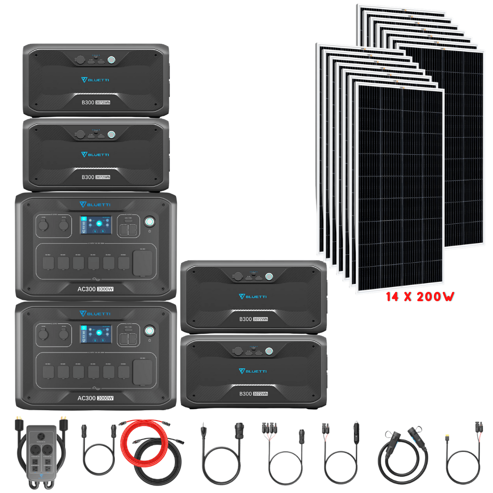 Bluetti [DUAL] AC300 6,000W 240V Split Phase + B300 Batteries + Solar Panels Complete Solar Generator Kit - BP-AC300[2]+P030A+B300[4]+RS-M200[14]+RS-50102[4] - Avanquil