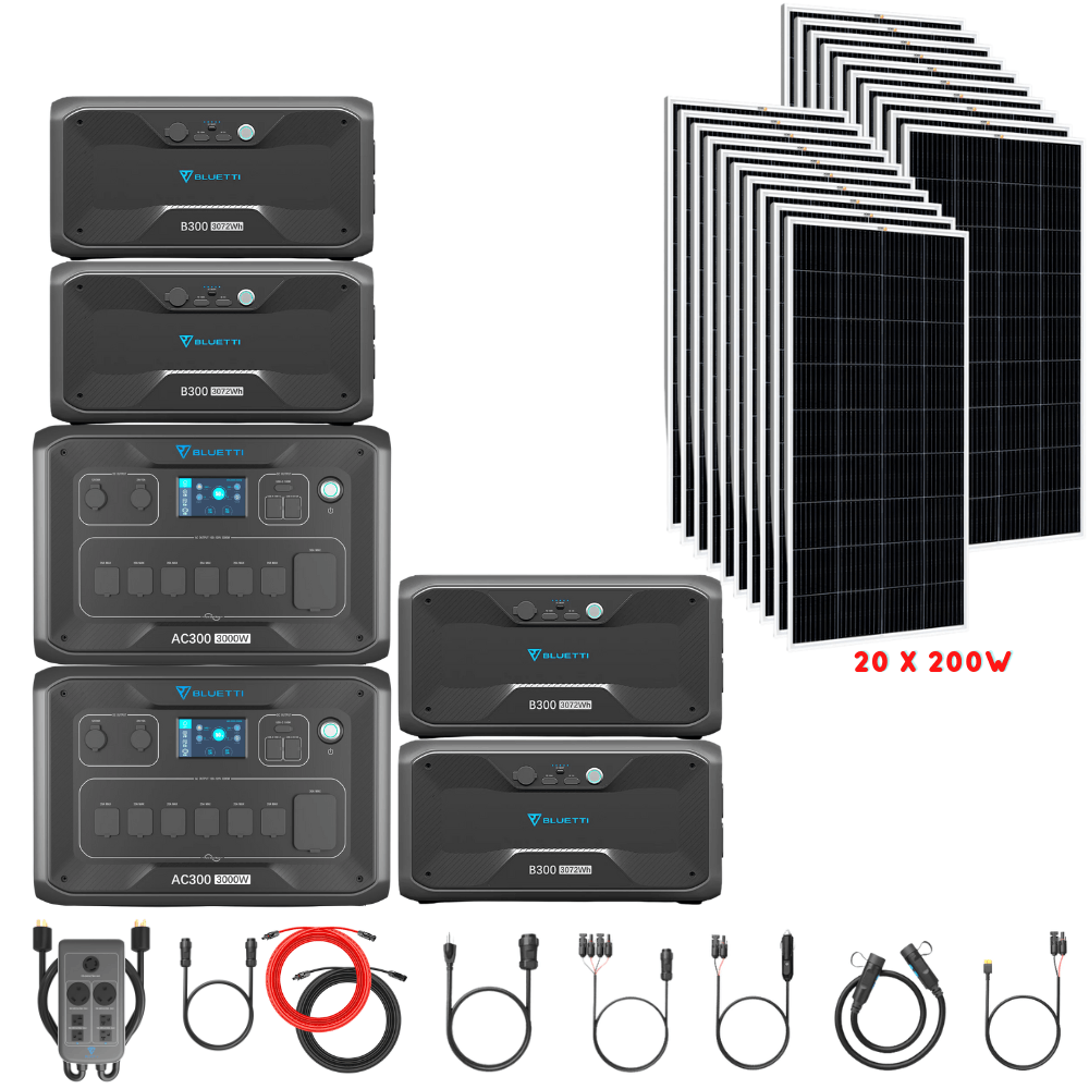 Bluetti [DUAL] AC300 6,000W 240V Split Phase + B300 Batteries + Solar Panels Complete Solar Generator Kit - BP-AC300[2]+P030A+B300[4]+RS-M200[20]+RS-50102[4] - Avanquil