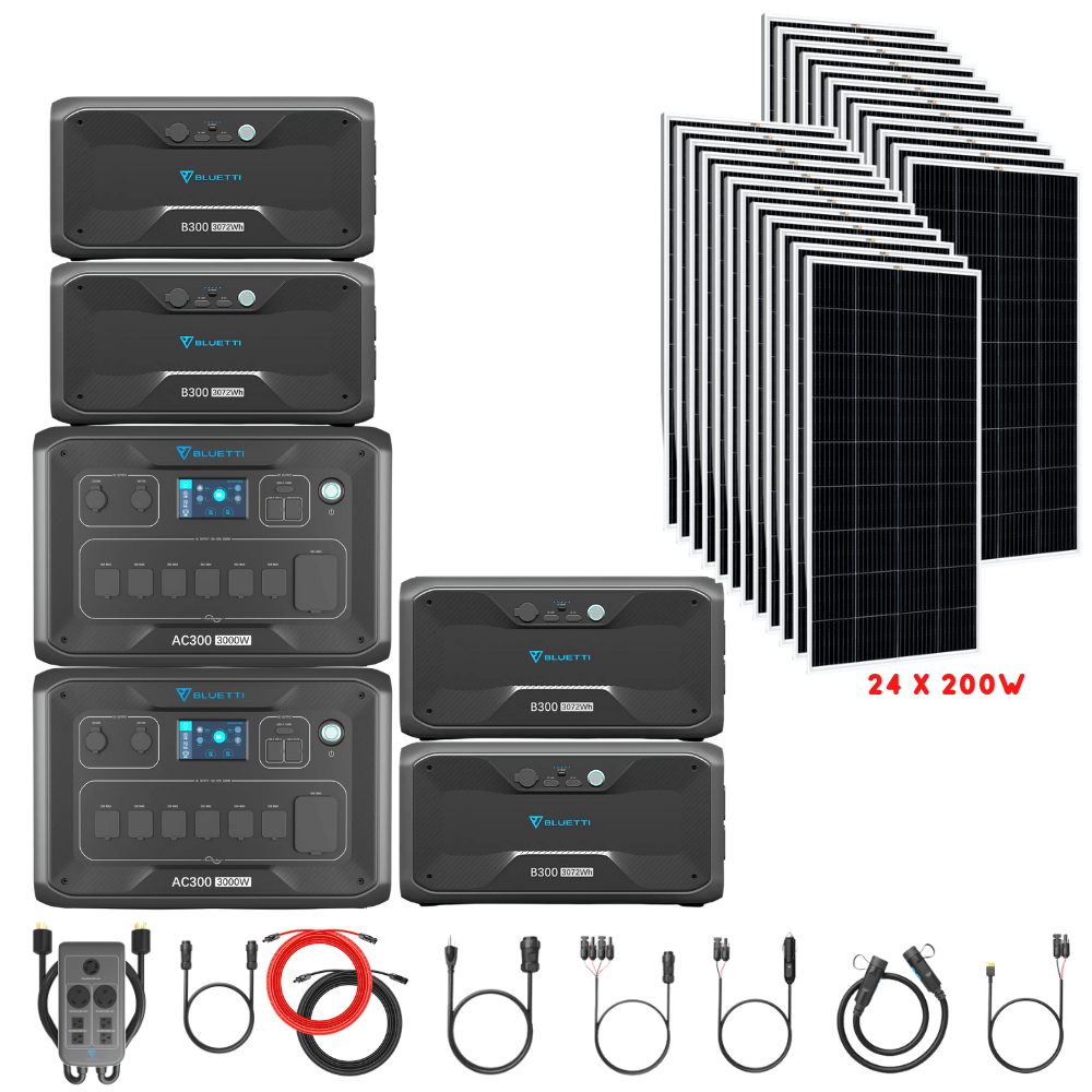 Bluetti [DUAL] AC300 6,000W 240V Split Phase + B300 Batteries + Solar Panels Complete Solar Generator Kit - BP-AC300[2]+P030A+B300[4]+RS-M200[24]+RS-50102[4] - Avanquil
