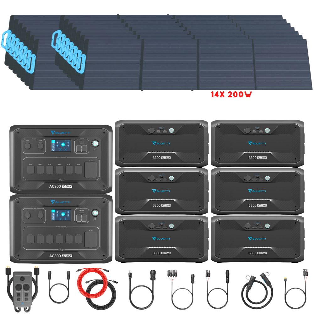 Bluetti [DUAL] AC300 6,000W 240V Split Phase + B300 Batteries + Solar Panels Complete Solar Generator Kit - BP-AC300[2]+P030A+B300[6]+PV200[14]+RS-50102[4] - Avanquil