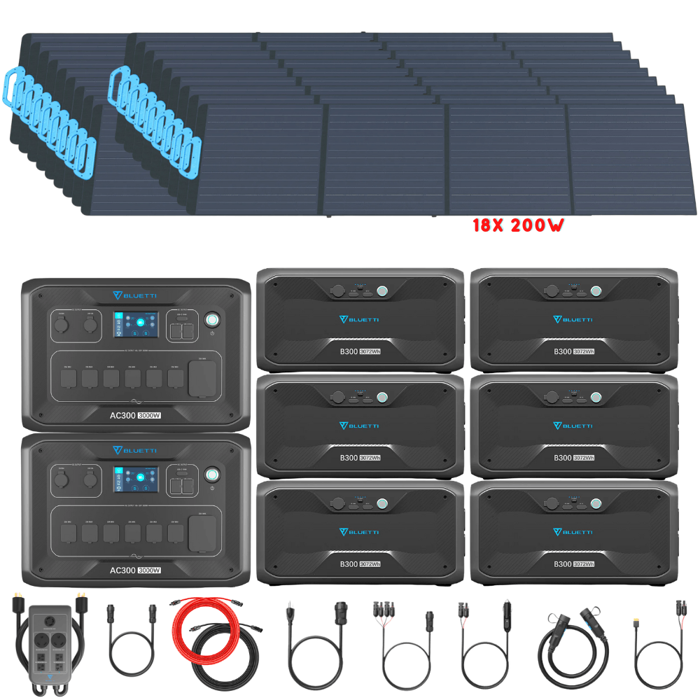 Bluetti [DUAL] AC300 6,000W 240V Split Phase + B300 Batteries + Solar Panels Complete Solar Generator Kit - BP-AC300[2]+P030A+B300[6]+PV200[18]+RS-50102[4] - Avanquil