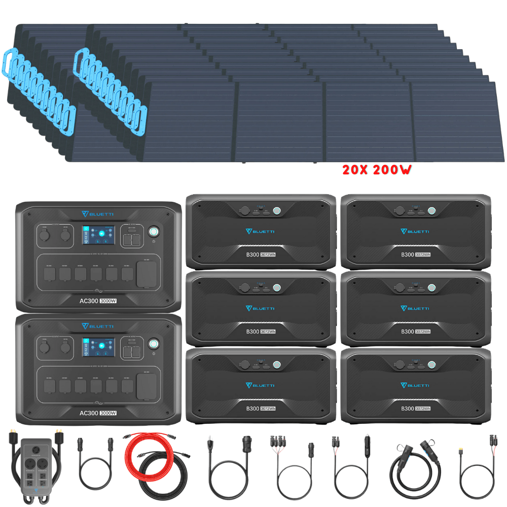 Bluetti [DUAL] AC300 6,000W 240V Split Phase + B300 Batteries + Solar Panels Complete Solar Generator Kit - BP-AC300[2]+P030A+B300[6]+PV200[20]+RS-50102[4] - Avanquil