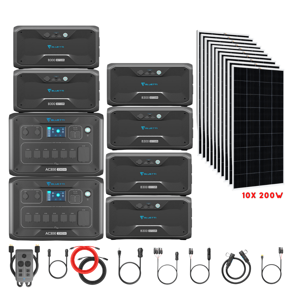 Bluetti [DUAL] AC300 6,000W 240V Split Phase + B300 Batteries + Solar Panels Complete Solar Generator Kit - BP-AC300[2]+P030A+B300[6]+RS-M200[10]+RS-50102[2] - Avanquil