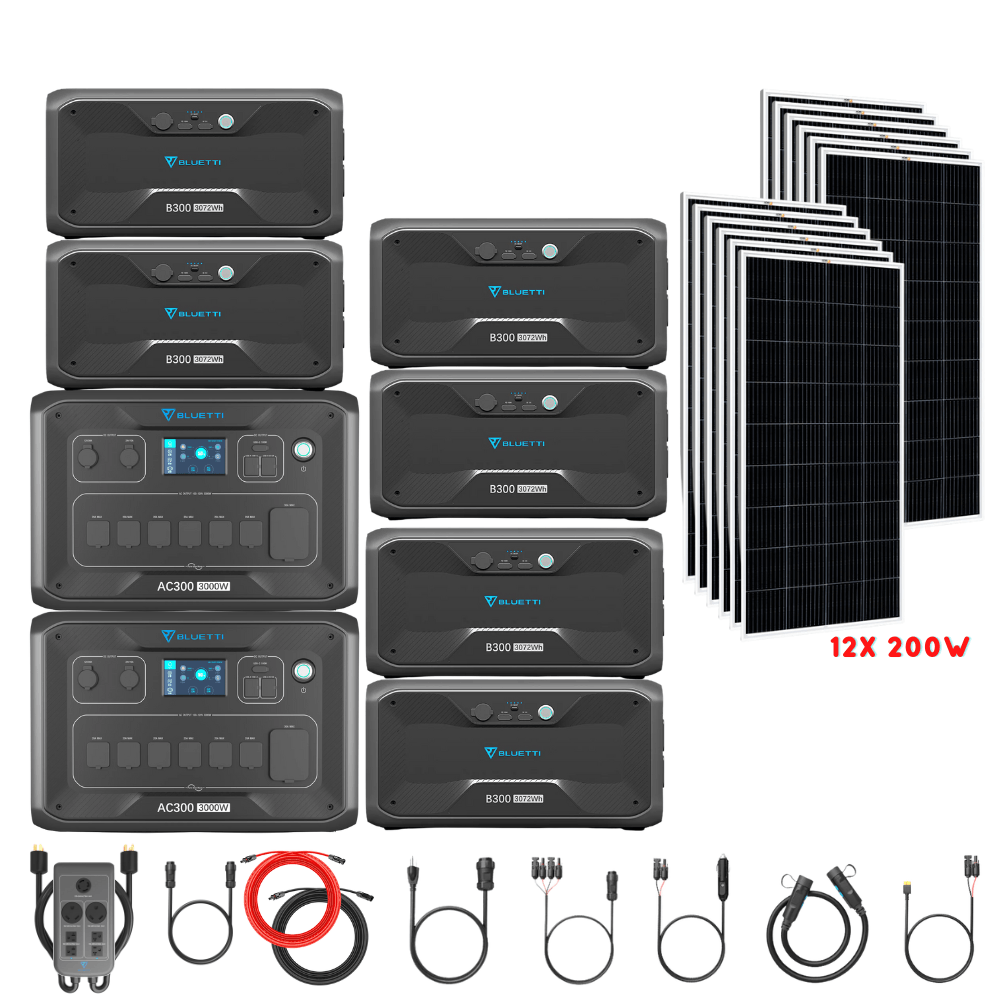 Bluetti [DUAL] AC300 6,000W 240V Split Phase + B300 Batteries + Solar Panels Complete Solar Generator Kit - BP-AC300[2]+P030A+B300[6]+RS-M200[12]+RS-50102[2] - Avanquil