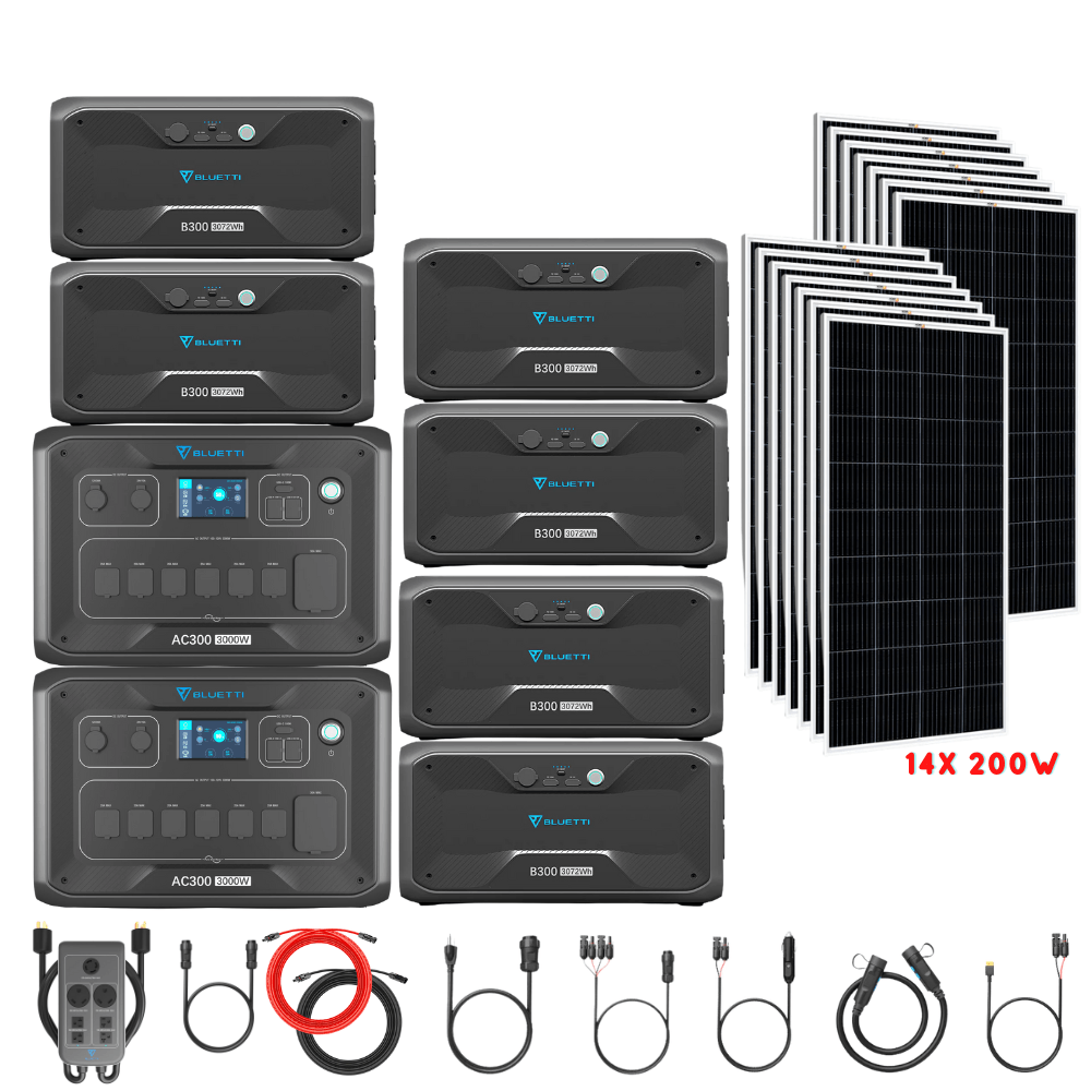 Bluetti [DUAL] AC300 6,000W 240V Split Phase + B300 Batteries + Solar Panels Complete Solar Generator Kit - BP-AC300[2]+P030A+B300[6]+RS-M200[14]+RS-50102[4] - Avanquil