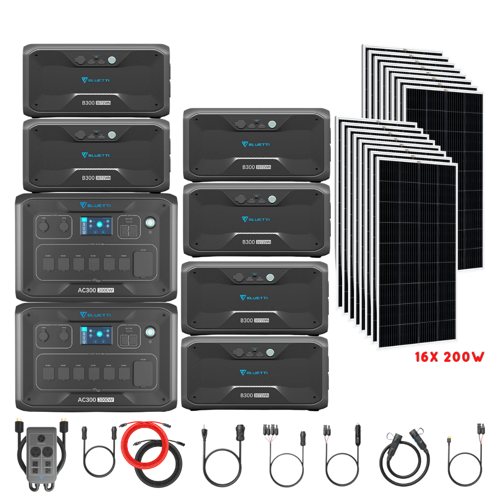 Bluetti [DUAL] AC300 6,000W 240V Split Phase + B300 Batteries + Solar Panels Complete Solar Generator Kit - BP-AC300[2]+P030A+B300[6]+RS-M200[16]+RS-50102[4] - Avanquil